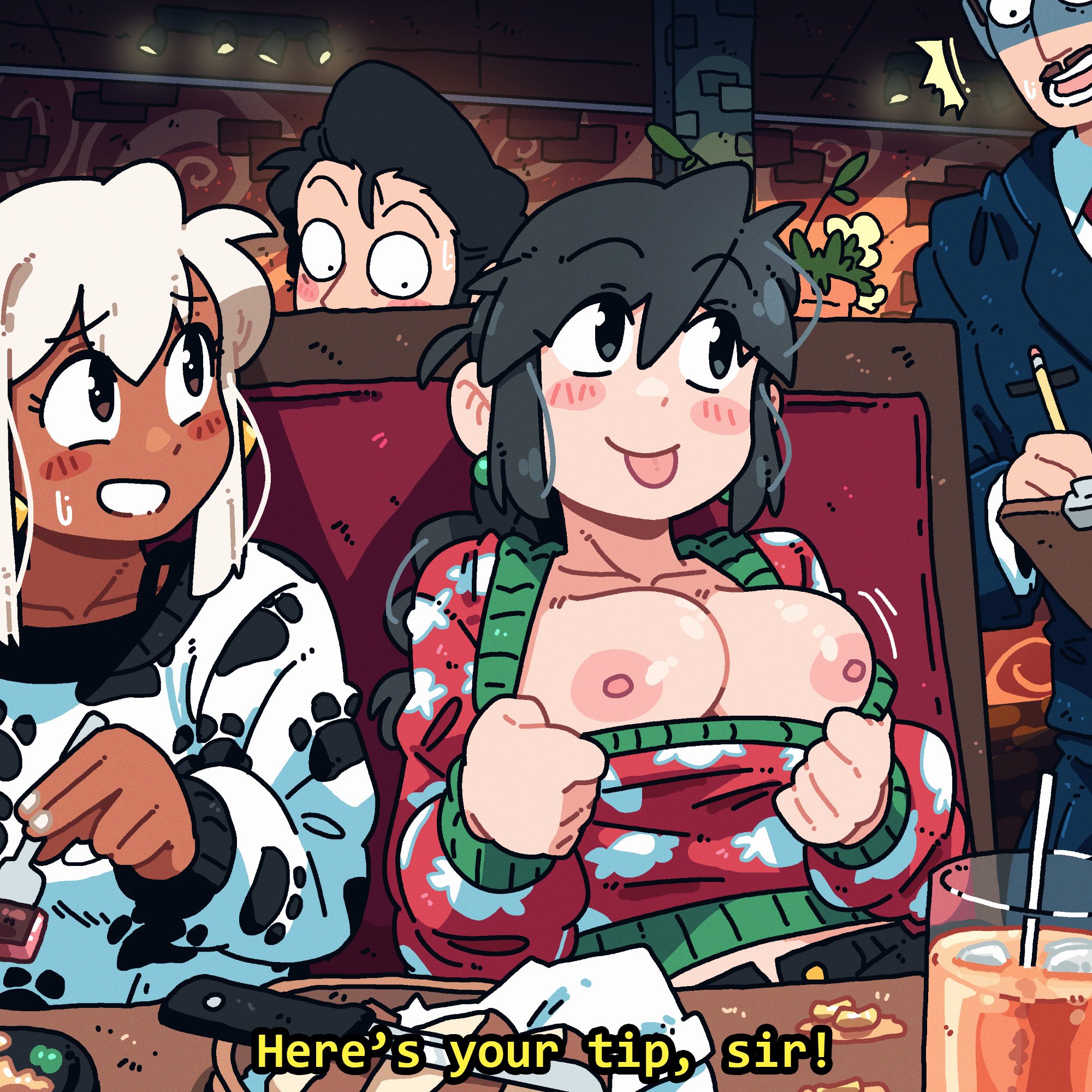 2girls, christmas, english text, female, flashing breasts, holidays, lucia (scott malin), male, mia (scott malin), nipples, original, original character, scott malin, tagme, text