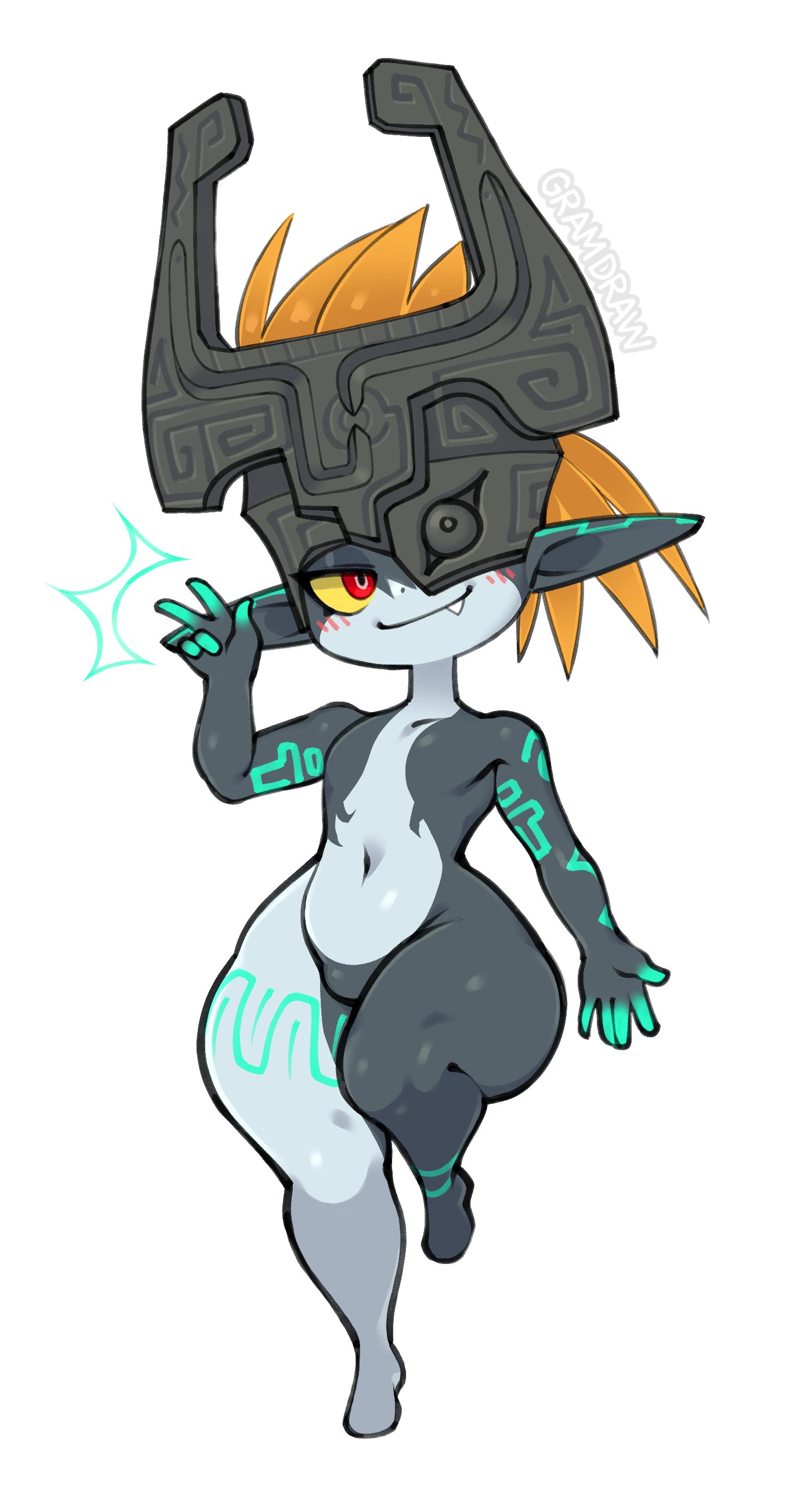 1girls, big ears, blush, female, female focus, female only, gramdraw, imp, imp midna, looking at viewer, mask, midna, orange hair, red eyes, shortstack, solo, solo female, solo focus, tattoo, the legend of zelda, thick thighs, thighs, twilight princess, two-tone body, yellow sclera