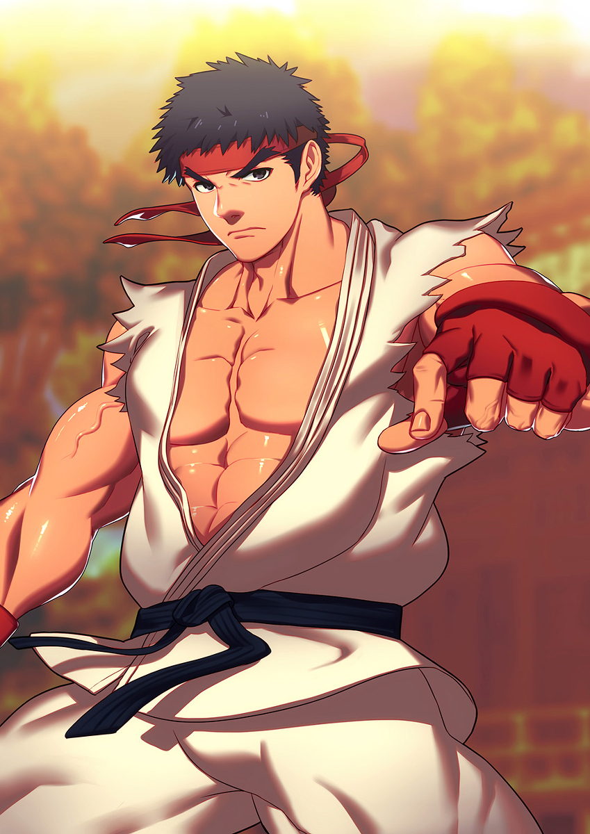 abs bara black_belt black_hair capcom clothed fighting_stance fingerless_gloves headband looking_at_viewer lvlv male male_fighter male_focus male_only muscles muscular muscular_male outdoors outside ryu_(street_fighter) short_hair solo solo_focus solo_male street_fighter veiny_muscles