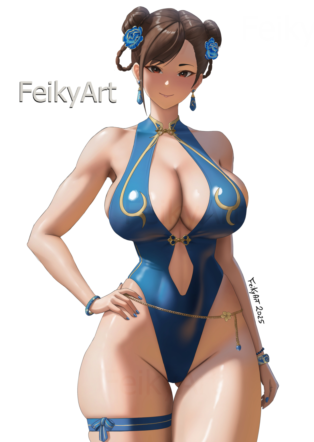 1girls, brown eyes, brown hair, capcom, chun-li, feikyart, street fighter, swimsuit