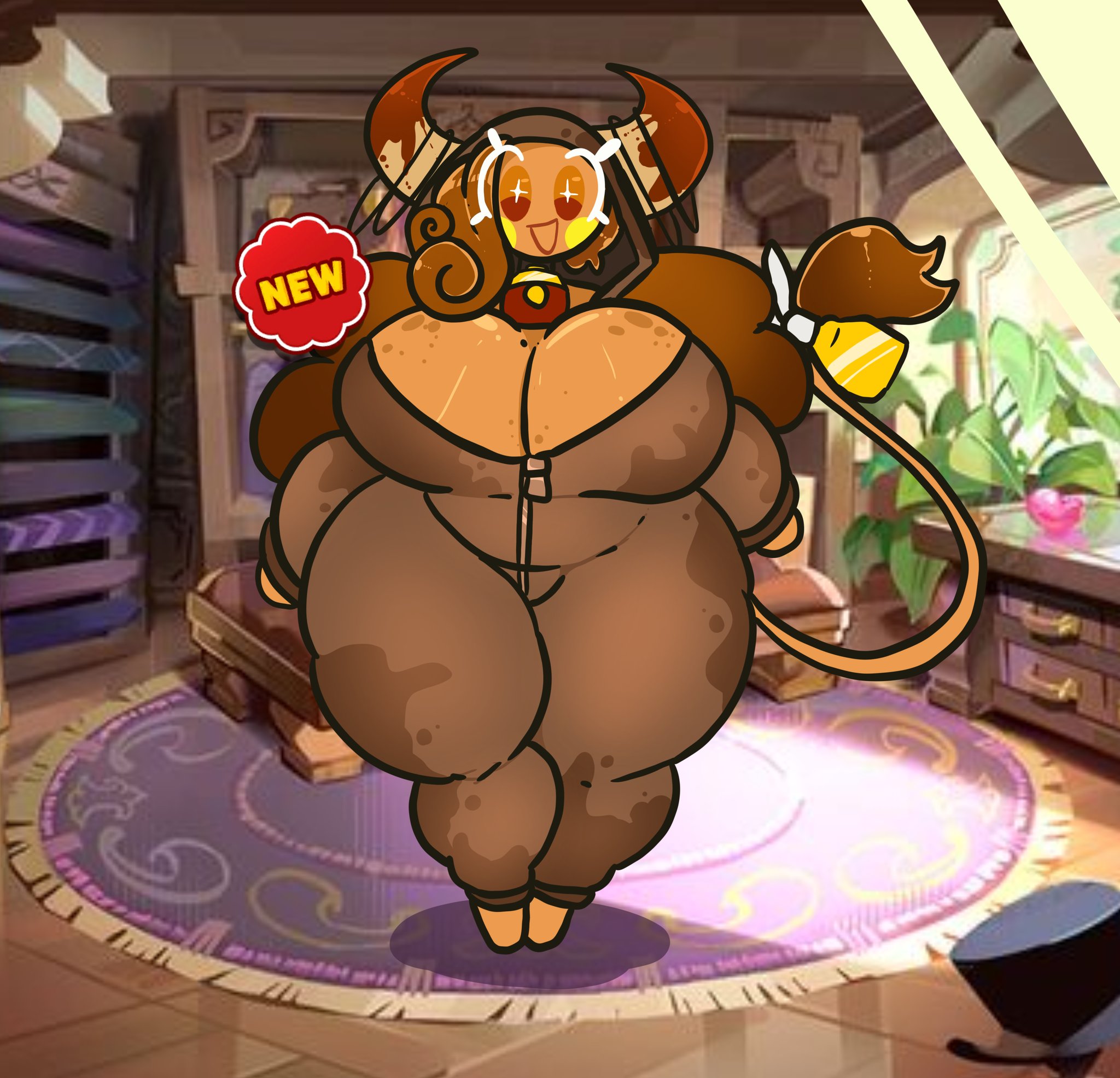 animal costume, big ass, big breasts, brown hair, chocomilk cookie (dj arts), cookie run, cookie run oc, costume, cowbell, cowgirl, dj arts, horns, tail, thick thighs, yellow blush