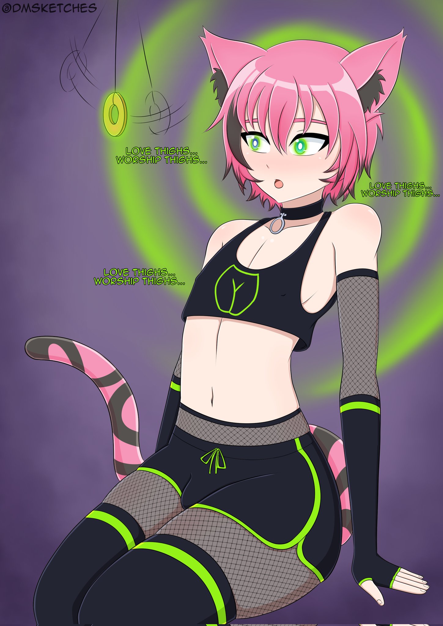 alexis vilrus, brainwashing, cat boy, cat ears, cat tail, cosplay, dialogue, dmdemon, girly, glowing eyes, hypnosis, mind control, offscreen character, pendant, pink hair, thighhighs, thighs, uniform