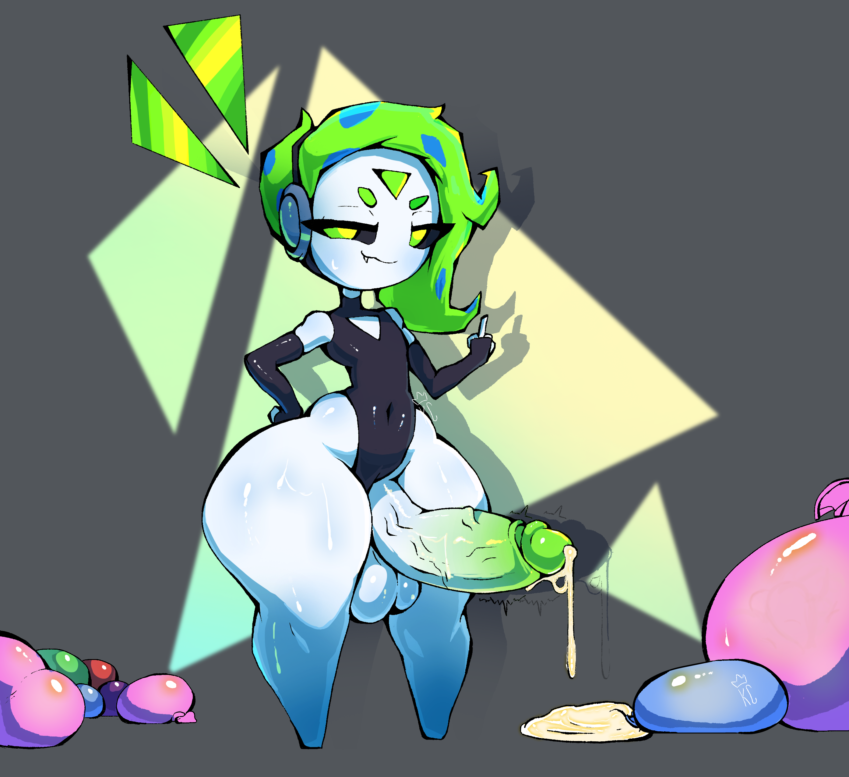 :3, bare thighs, big ass, big balls, big butt, big penis, bottom heavy, condom, condom balloon, cum, cum drip, cum puddle, delta (kingcroc), fat ass, femboy, filled condom, green hair, huge cock, hung trap, kingcroc, latex clothing, legendary pokemon, male meloetta, meloetta, middle finger, mythical pokemon, nintendo, pokemon, pokemon (species), shortstack, smooth skin, smug, smug face, solo, solo futa, tagme, thick ass, thick thighs, veiny penis, wet skin, wide hips