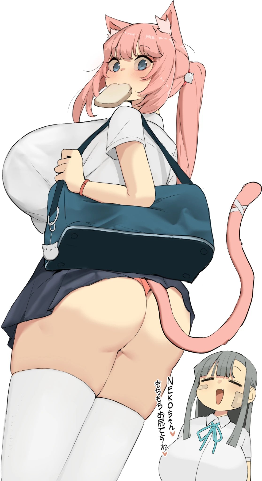 2girls, animal ears, ass, asymmetrical bangs, bag, bandaid, blue eyes, blue ribbon, blue skirt, blunt bangs, borrowed character, bread slice, breasts, cat ears, cat girl, cat tail, charm (object), clothes lift, food, food in mouth, from behind, from below, green eyes, green hair, hi res, huge breasts, iljin (minggoo), iljin-chan (xx682567), long hair, looking at viewer, minggoo, miniskirt, mouth hold, multiple girls, nekomia (kaptivate), oerba yun fang, original, panties, pink hair, pink panties, pleated skirt, ponytail, ribbon, school bag, shirt, sidelocks, skindentation, skirt, skirt caught on object, skirt lift, standing, tagme, tail, tail ornament, thighhighs, thighs, toast, toast in mouth, underwear, white background, white shirt, xx682567