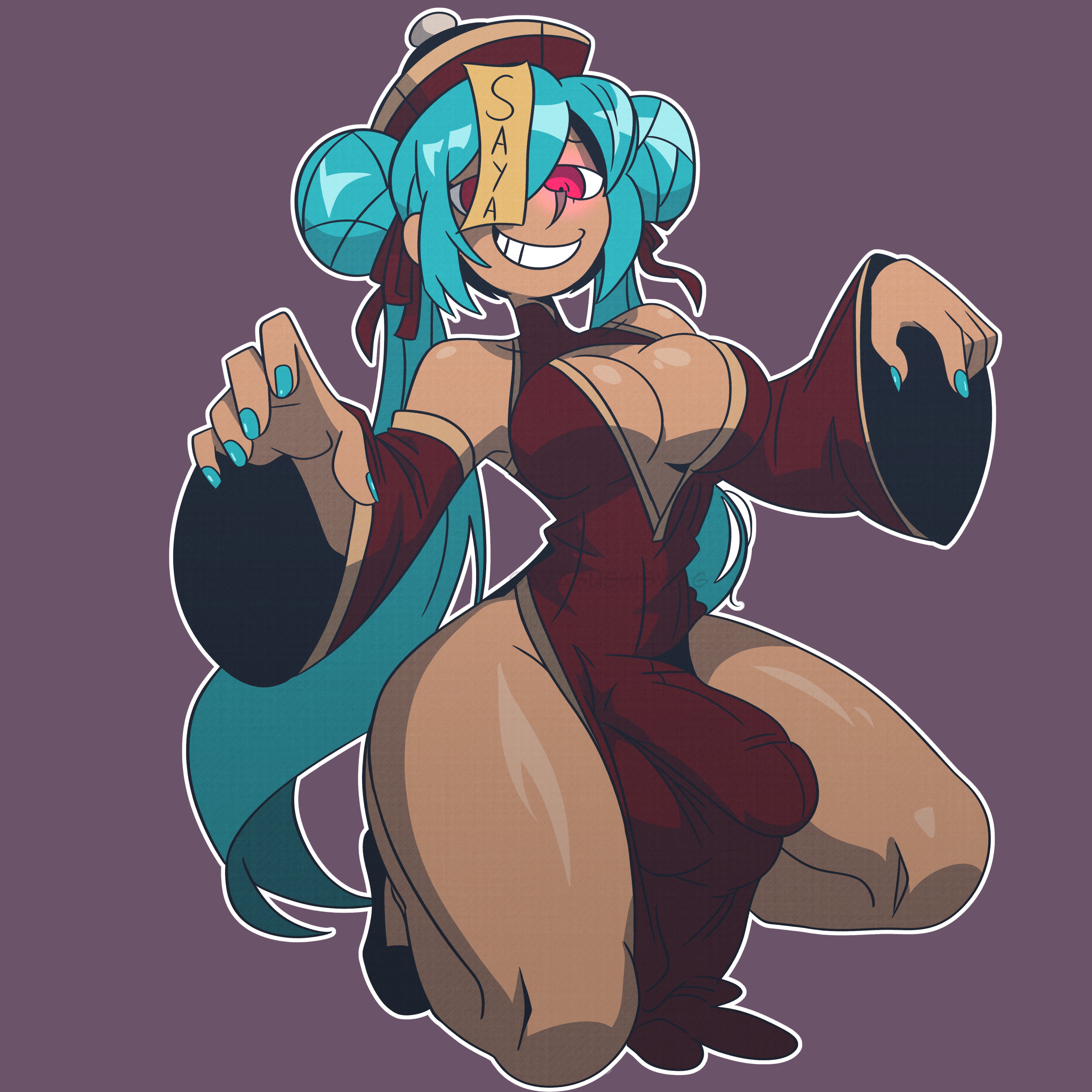 1futa, 1girl, 1girls, aqua hair, aqua nails, bare shoulders, blue hair, blue nails, breasts, bulge, bulge through clothing, china dress, chinese clothes, cleavage, cleavage cutout, clothing, clothing cutout, covered penis, dark skin, dark-skinned female, detached sleeves, double bun, dress, erection, female, futanari, grin, hair bun, hat, hatsune miku, jiangshi, jiangshi costume, kneeling, large breasts, long hair, looking at viewer, nail polish, ofuda, outline, painted nails, pelvic curtain, penis, purple background, qing guanmao, red dress, red eyes, sayasushiswag, simple background, smile, smiling, solo, thick thighs, thighs, twintails, very long hair, vocaloid, white outline, wide sleeves