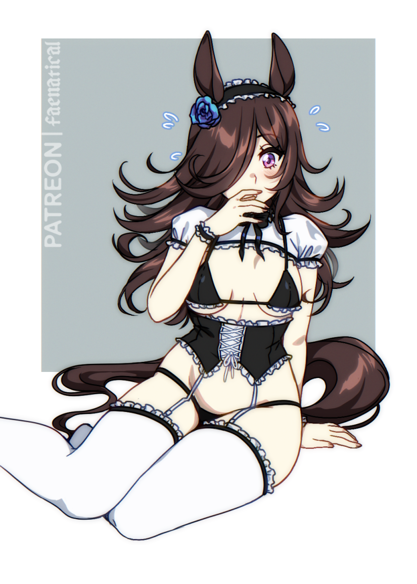 1girls, black underwear, blush, brown hair, elfoppai, faenatical, female, flower, garter belt, garter straps, hair flower, hair over one eye, horse ears, horse girl, horse tail, legwear, light skin, light-skinned female, long hair, maid, maid headdress, maid uniform, purple eyes, rice shower (umamusume), sharp fingernails, solo, solo female, stockings, tail, thighhighs, umamusume, underwear, white legwear