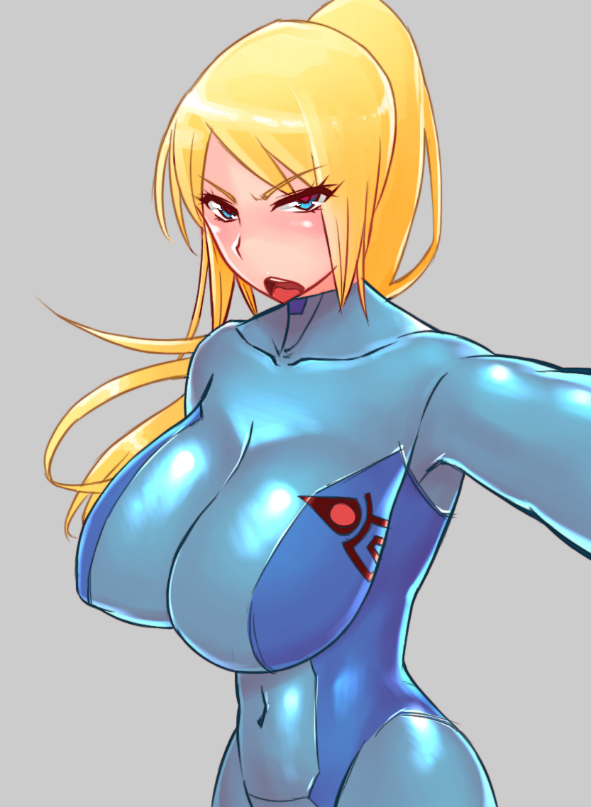 angry, blonde hair, blue eyes, blush, bodysuit, breasts, collarbone, covered navel, erect nipples, female, grey background, huge breasts, large breasts, long hair, looking at viewer, metroid, nintendo, nipples, open mouth, ponytail, samus aran, self shot, simple background, skin tight, solo, teeth, tied hair, wolffeld price, zero suit samus