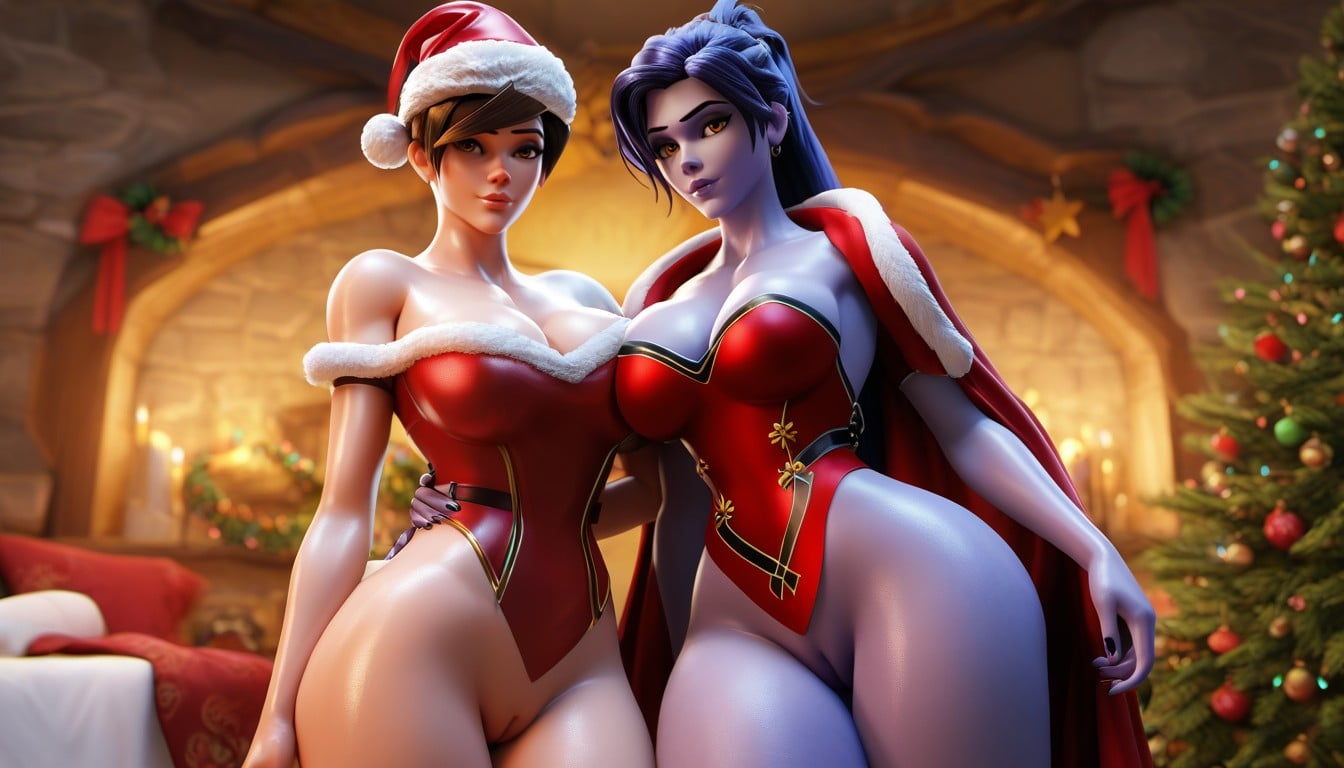 2girls, 3d, ai generated, amelie lacroix, big ass, big breasts, blue eyeshadow, blue hair, blue skin, blue skinned female, blue-skinned female, brown eyes, brown eyes female, brown hair, christmas, christmas outfit, lena oxton, overwatch, overwatch 2, ravenomega, sexy body, sexy woman, tracer, two females, two women, widowmaker, yuri