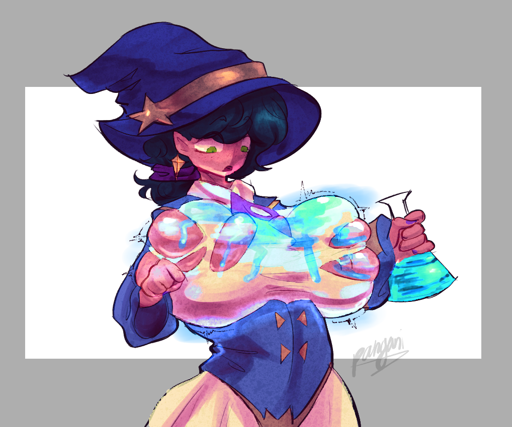 1girls, 2025, artist signature, big breasts, breast expansion, breast growth, breasts, breasts focus, clothing, digital drawing (artwork), digital media (artwork), epic games, female, fortnite, fortnite: battle royale, helsie (fortnite), helsie midnight (fortnite), hi res, huge breasts, looking down, open mouth, potion, potion bottle, spilled potion, tearing clothes, topwear, userpagani, wardrobe malfunction, wizard hat
