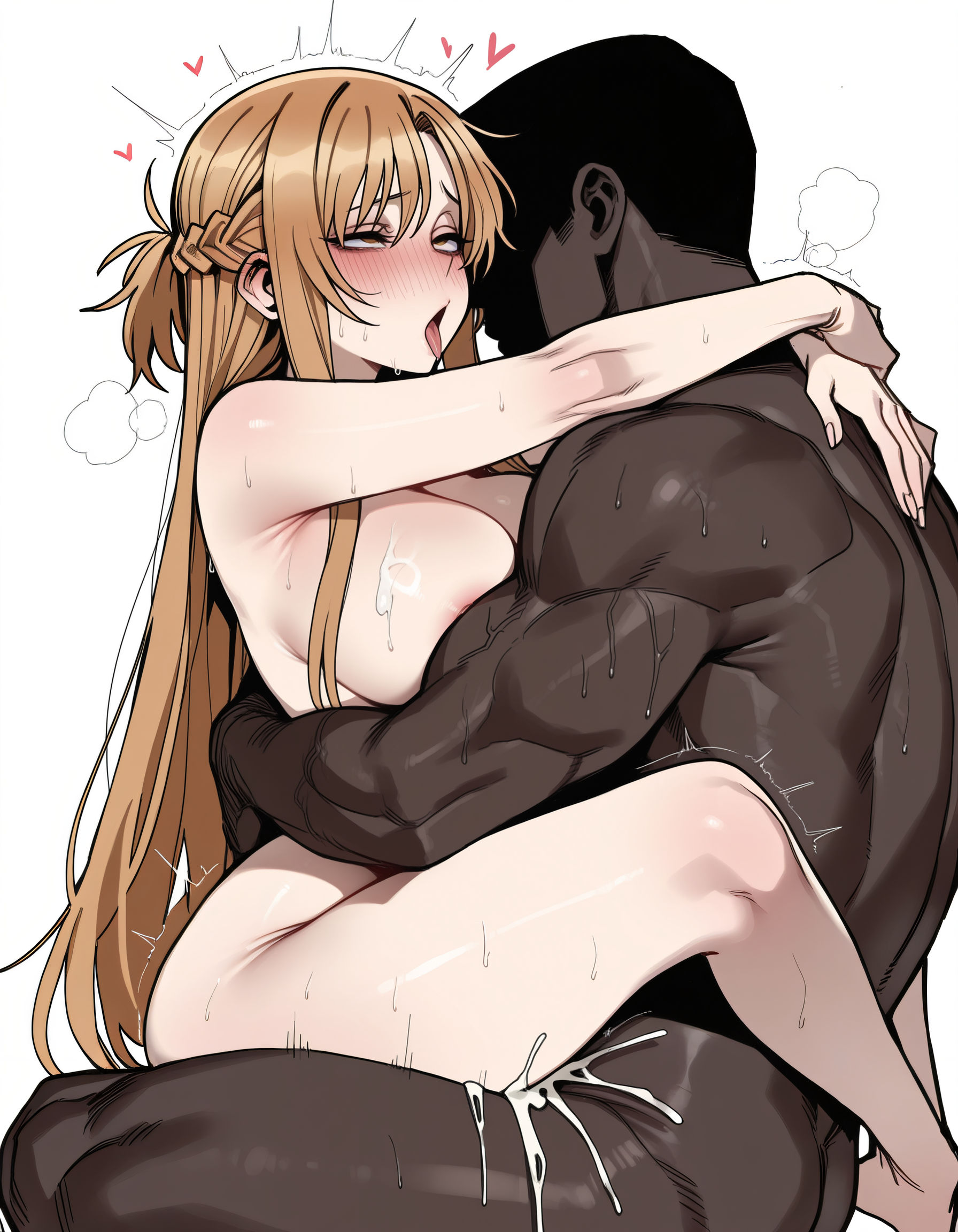 ahe gao, ai, ai art, ai generated, blush, cheating, dark-skinned male, female orgasm, heart, hug, leg lock, muscular male, netorare, riahri, sex, sword art online, yuuki asuna