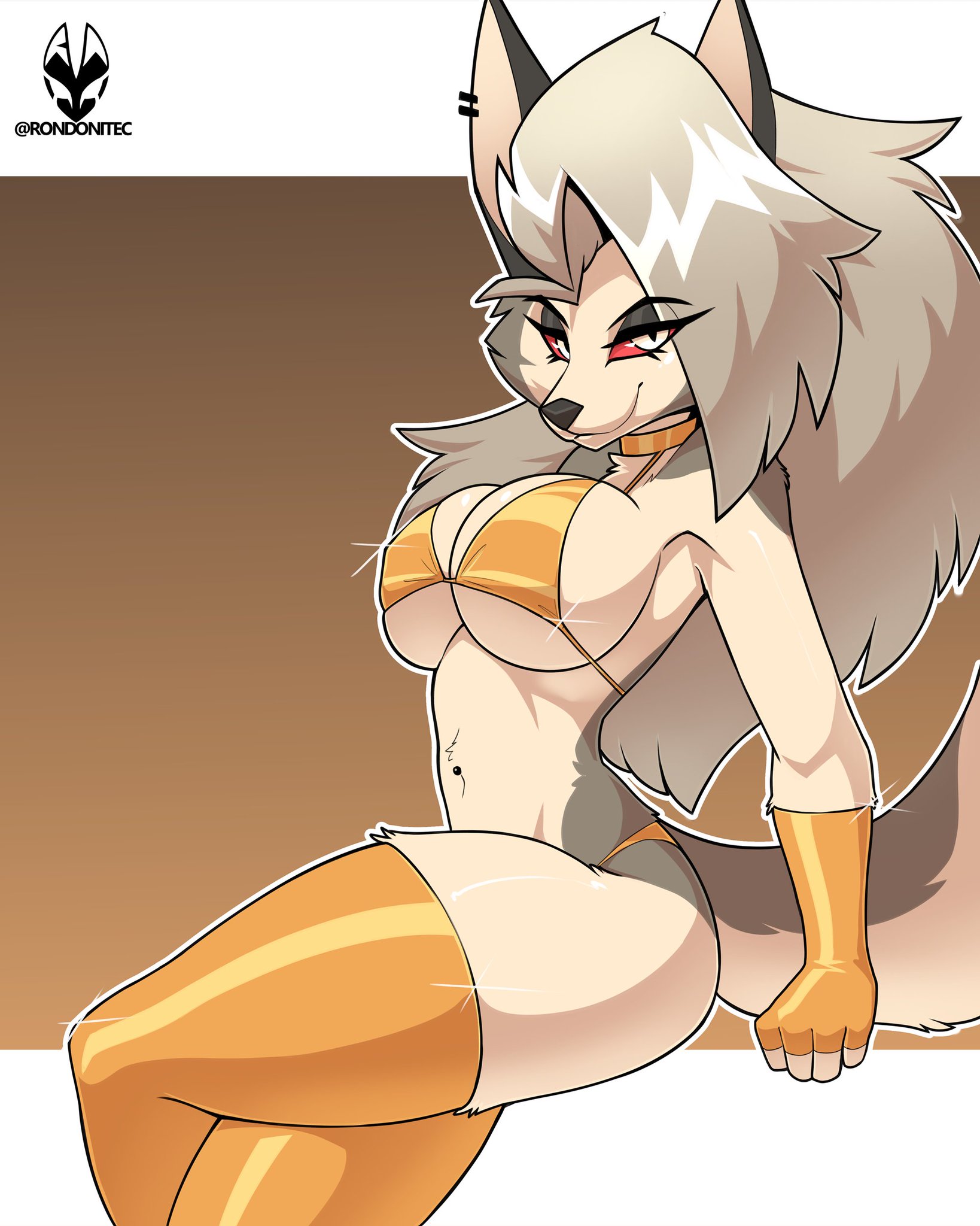 1girls, anthro, bare arms, bare legs, bare shoulders, bare thighs, big breasts, bikini, bikini bottom, bikini top, breasts, cleavage, clothing, color, female, female focus, female only, furry, furry female, hellhound, helluva boss, hi res, large breasts, long hair, looking at viewer, loona (helluva boss), red eyes, rondonite, solo, solo female, thick thighs, white hair, wolf, wolf ears, wolf girl, wolf tail
