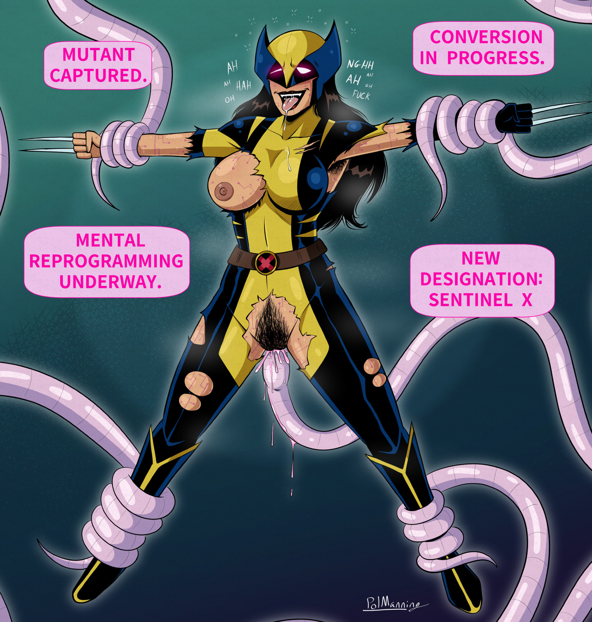 1girls, armpit hair, armpits, artist name, belt, big breasts, boots, breasts, breasts out, brown hair, claws, corruption, costume, dialogue, drool, drooling, drooling tongue, english, english text, female, female only, glowing eyes, hairy, hairy armpits, hairy pussy, hypnosis, large breasts, laura kinney, lipstick, makeup, marvel, marvel comics, mask, masked, masked female, mind control, moaning, moaning in pleasure, musk, musk clouds, mutant, mutant (marvel), nipples, nipples outside, one tit out, pink eyes, polmanning, pubic hair, pussy, red lipstick, reprogramming, robot tentacles, sentinel (marvel), simple background, solo, solo female, speech bubble, tech control, tentacle, tentacle rape, tentacle sex, text, thick thighs, thighs, tongue, tongue out, torn clothes, torn clothing, visible breath, wardrobe malfunction, wolverine (x-23), x-23, x-men