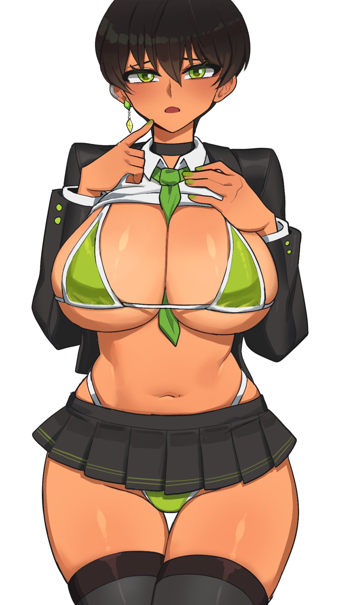 1girls, belly button, big breasts, bra, breasts, child bearing hips, cleavage, cleavage cutout, ear ring, exposed midriff, female, female focus, female only, flashing, flashing breasts, hourglass figure, hourglass figured female, huge breasts, hyyun, hyyun ho, jisoo (hyyun), large breasts, looking at viewer, midriff, miniskirt, original, original character, revealing clothes, skimpy clothes, skirt, slim waist, solo, tanned, tanned female, tanned skin, thick thighs, thighhighs, thighs, tomboyish, undersized bra, undersized clothes, voluptuous, voluptuous body, voluptuous female, wide hips