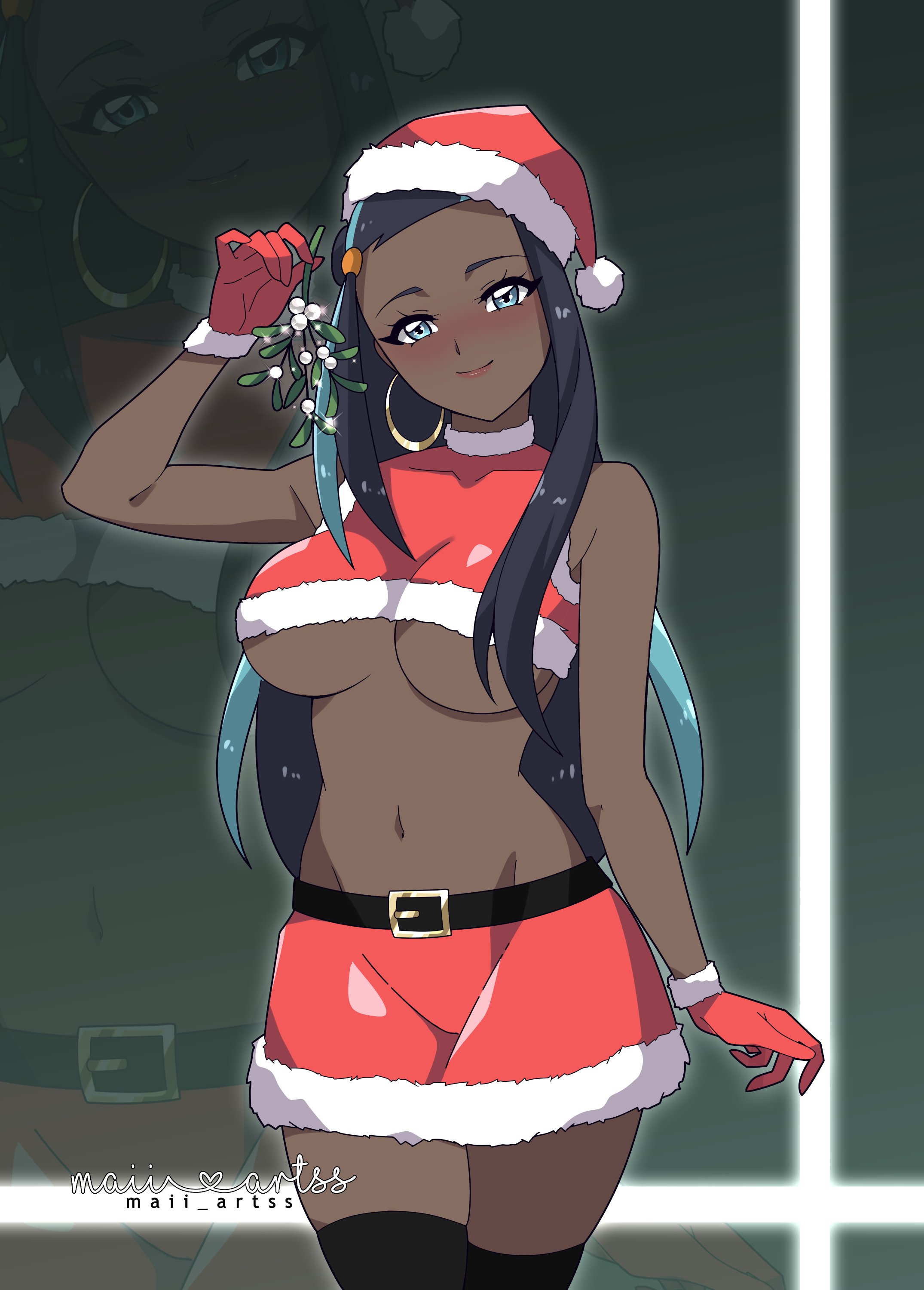 1girls, artist name, blue eyes, blue streak, busty, christmas, christmas outfit, dark skin, dark-skinned female, exposed midriff, game freak, maii artss, miniskirt, mistletoe, nessa (pokemon), pokemon, pokemon swsh, santa costume, santa hat, short skirt, skirt, thighhighs, underboob