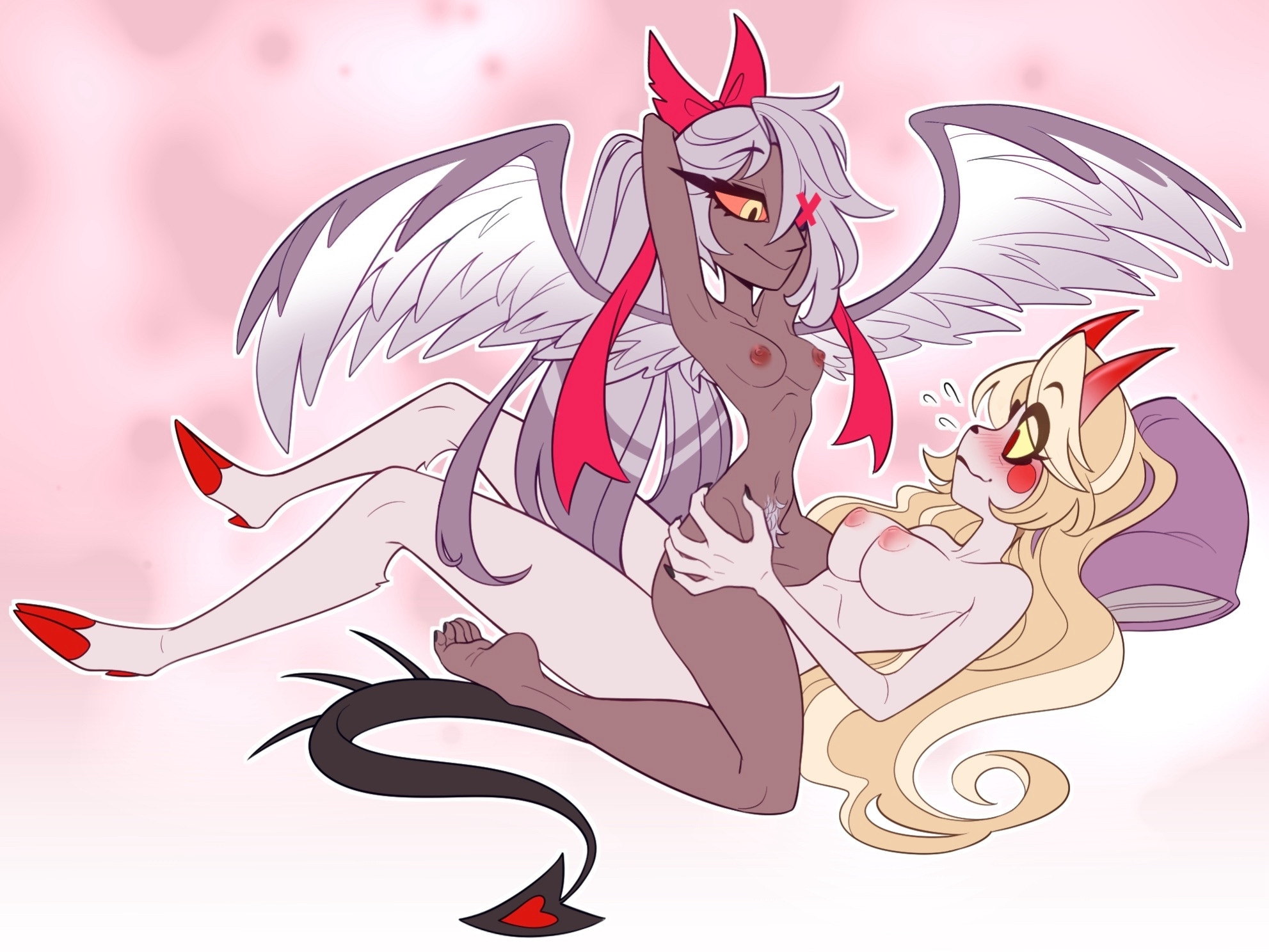 angel, big breasts, blonde hair, blush, breasts, canon couple, charlie morningstar (hazbin hotel), couple, couple (romantic), deerlydepart, demon, duo, eye patch, female, female only, female/female, grey body, hair, hazbin hotel, horns, interspecies, lesbian, lesbian couple, lesbian sex, nipples, nude, pubes, romantic couple, simple background, smile, tail, thick thighs, vaggie (hazbin hotel), white hair, wings, yuri