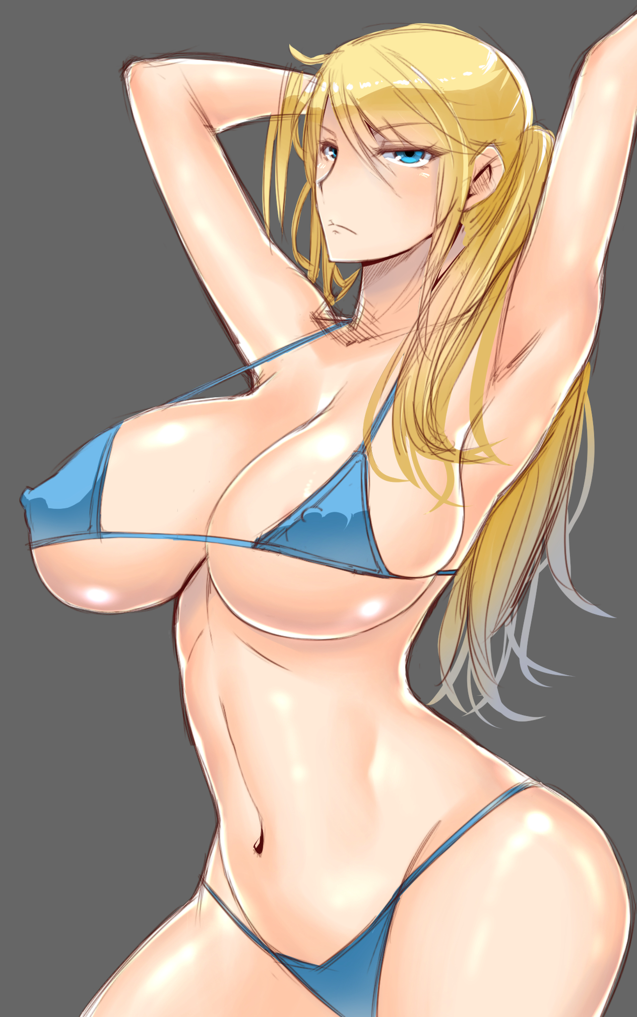 armpits, arms behind head, arms up, bikini, blonde hair, blue eyes, breasts, cleavage, erect nipples, female, highres, huge breasts, large breasts, long hair, metroid, navel, nintendo, nipples, samus aran, simple background, solo, swimsuit, wolffeld price