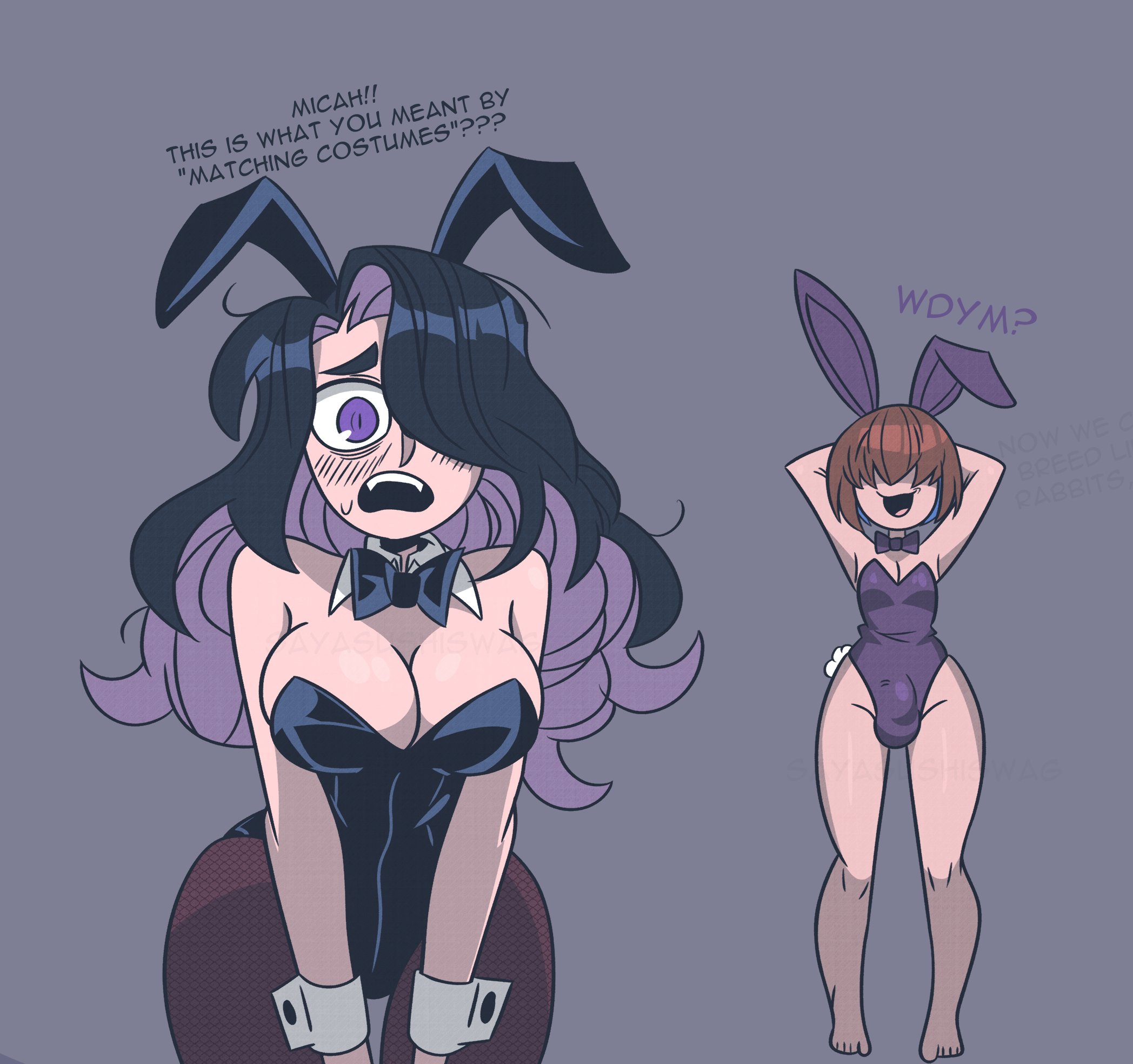 1boy, 1girls, black hair, blush, blush lines, blushing, boobs, bowtie, breasts, brown hair, bulge through clothing, bunny ears, bunnysuit, camellia (sayasushiswag), femboy, hair over eyes, hair over one eye, long hair, micah (sayasushiswag), purple eyes, purple hair, sayasushiswag, short hair, simple background, stockings, two-tone hair