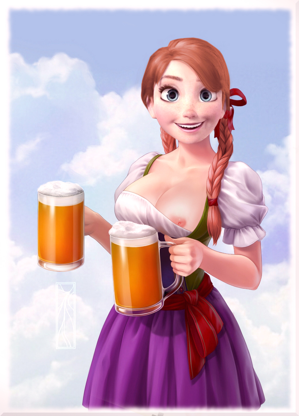 3d, anna (frozen), beer, blouse, blue eyes, breasts, dirndl, disney, dress, female, freckles, frozen (film), glass, hair ribbon, kotikomori, long hair, nipple slip, nipples, purple dress, realistic, red hair, red ribbon, ribbon, tracht, twin braids, white blouse