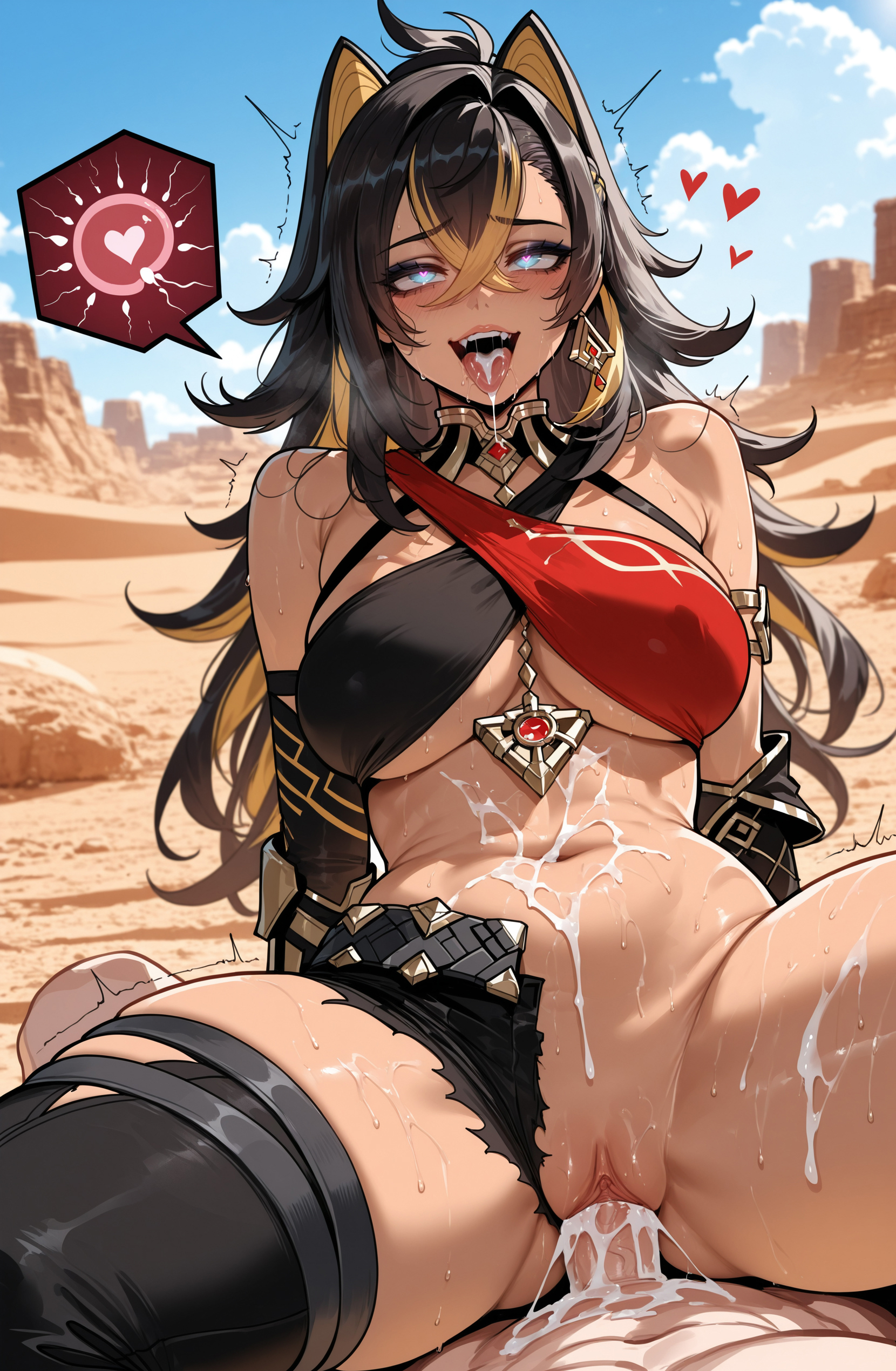 1boy, 1girls, abs, ahe gao, ai generated, animal ears, arm armor, armlet, asymmetrical clothes, bangs, bare shoulders, belt, black gloves, black hair, black pants, black shorts, black thighhighs, blonde hair, blue eyes, blue sky, blush, breasts, brown hair, clitoris, clothed female nude male, clothed sex, clothing, cloud, cowgirl position, criss-cross halter, crossed bangs, cum, cum in mouth, cum in pussy, cum on body, cum on breasts, cum on legs, cum on stomach, cum on tongue, cum overflow, curvaceous, curvaceous female, curvaceous figure, curvy, curvy figure, dangle earrings, dark skin, dark-skinned female, day, dehya (genshin impact), desert, earrings, ejaculation, elbow gloves, facial, fangs, female, female focus, fertilization, genshin impact, gloves, gold choker, hair between eyes, hair ears, hair intakes, halterneck, heart-shaped pupils, impregnation, jewelry, large breasts, long hair, looking at viewer, male, miyuai, multicolored hair, nakadashi, navel, nipples, on top, open mouth, outdoors, ovum, pants, penis, pointy hair, pussy, red gemstone, rolling eyes, saliva, semen, sex, shorts, single earring, single pantsleg, sky, smile, solo focus, sperm cell, spread legs, stomach, straddling, straight, streaked hair, sumeru girls, sweat, symbol-shaped pupils, thick thighs, thighhighs, thighs, tongue, tongue out, torn clothes, torn pants, torn shorts, trembling, two-tone hair, uncensored, vagina, vaginal penetration, vision (genshin impact), voluptuous, voluptuous female, yellow pupils