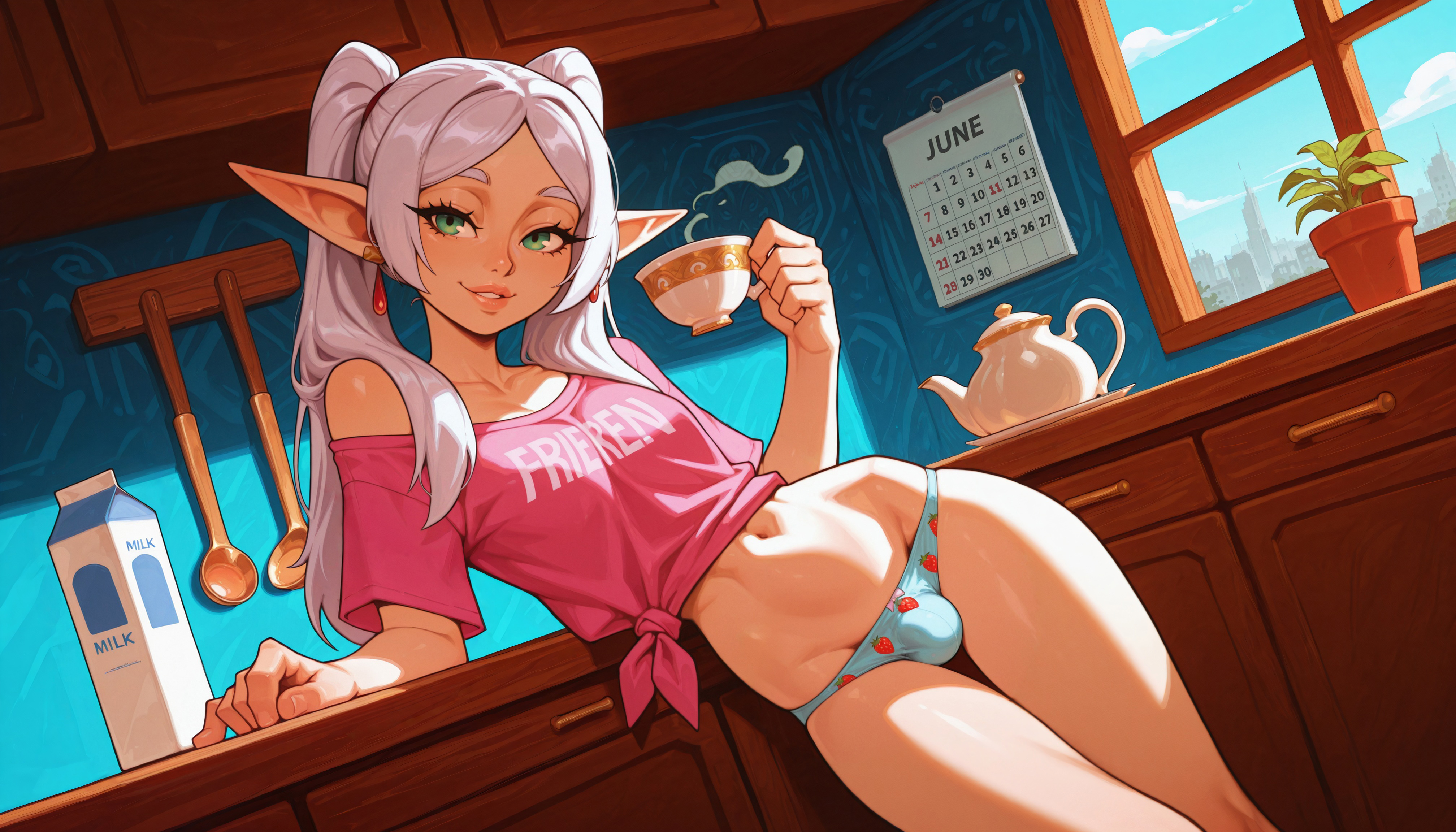 1futa, 4k, absurd res, ai generated, artist name, bangs, blue panties, blue underwear, breasts, bulge, calendar (object), cityscape, clothing, contemporary, cup, dutch angle, ear, earrings, elf, english language, english text, eyebrows, food print, frieren, fruit print, futanari, genderswap (ftm), green eyes, hi res, high resolution, highres, holding, holding cup, illustrious (stable diffusion), indoors, intersex, jaja ai, jewelry, kitchen, landscape, leaning to the side, long hair, looking at viewer, milk, navel, nose, off shoulder, panties, pantsu, parted bangs, parted lips, penis, penis in panties, petite, pink shirt, plant, pointed ears, pointy ears, potted plant, print panties, print underwear, ribbon panties, rule 63, self upload, shirt, small breasts, smile, solo, sousou no frieren, spoon, stable diffusion, standing, steam, strawberry panties, strawberry print, teacup, teapot, text, thick eyebrows, thigh gap, thighs, tied hair, tied shirt, twintails, uncensored, underwear, very high resolution, wai-nsfw-illustrious-sdxl, wallpaper, white hair, window