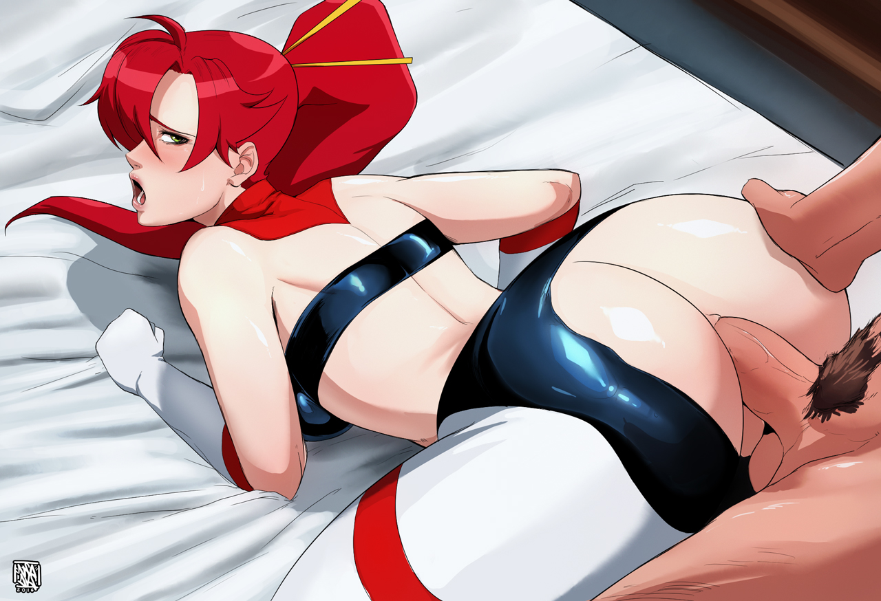 1boy, 1girls, 2016, 2d, adult, adult female, all fours, anal, anus, artist name, ass, ass grab, bed, bedroom, big ass, blush, choker, chopsticks, chopsticks in hair, clothed female, clothed female nude male, clothing, doggy style, female, female focus, from behind, heroine, hetero, human, human female, human only, light skin, light-skinned female, light-skinned male, long hair, looking at partner, looking back, male, male pubic hair, naavs, nude, nude male, nude male clothed female, open mouth, paag, penetration, penis, ponytail, post-timeskip, pubic hair, realistic penis size, realistic proportions, red hair, sex, space yoko, straight, straight hair, tengen toppa gurren lagann, tied hair, uncensored, yellow eyes, yoko littner, younger female