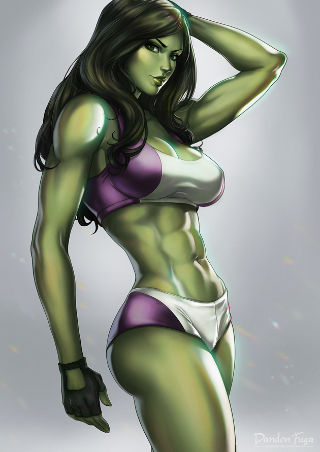 1girls, abs, avengers, belly, big breasts, booty shorts, breasts, dandon fuga, female, female only, fingerless gloves, fit, fit female, gloves, green eyes, green hair, green skin, hulk (series), large breasts, legs, marvel, marvel comics, navel, she-hulk, solo, sports bra, sports shorts, thighs, toned, toned female