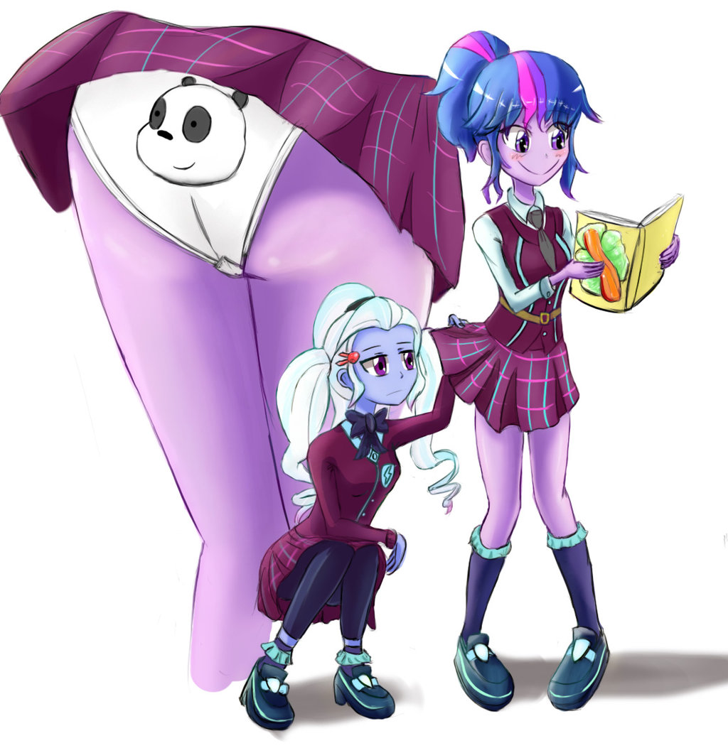 2girls ass assisted_exposure equestria_girls female female_only friendship_games friendship_is_magic my_little_pony panda panda_(wbb) panties print_panties school_uniform sci-twi skirt_lift sugarcoat twilight_sparkle_(mlp) we_bare_bears yuri