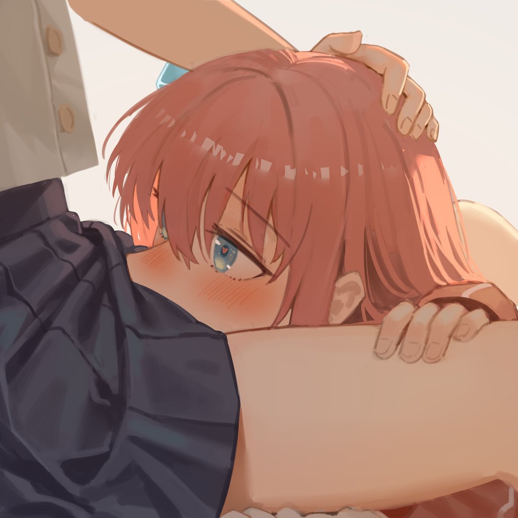 2girls between_legs blue_eyes blush bocchi_the_rock! cube_hair_ornament cunnilingus cute gotou_hitori grey_skirt hair_between_eyes hair_ornament hand_on_another&#039;s_head heart-shaped_pupils kita_ikuyo milktea_(gggrrr2000) multiple_girls oral pink_hair pleated_skirt simple_background skirt white_background yuri
