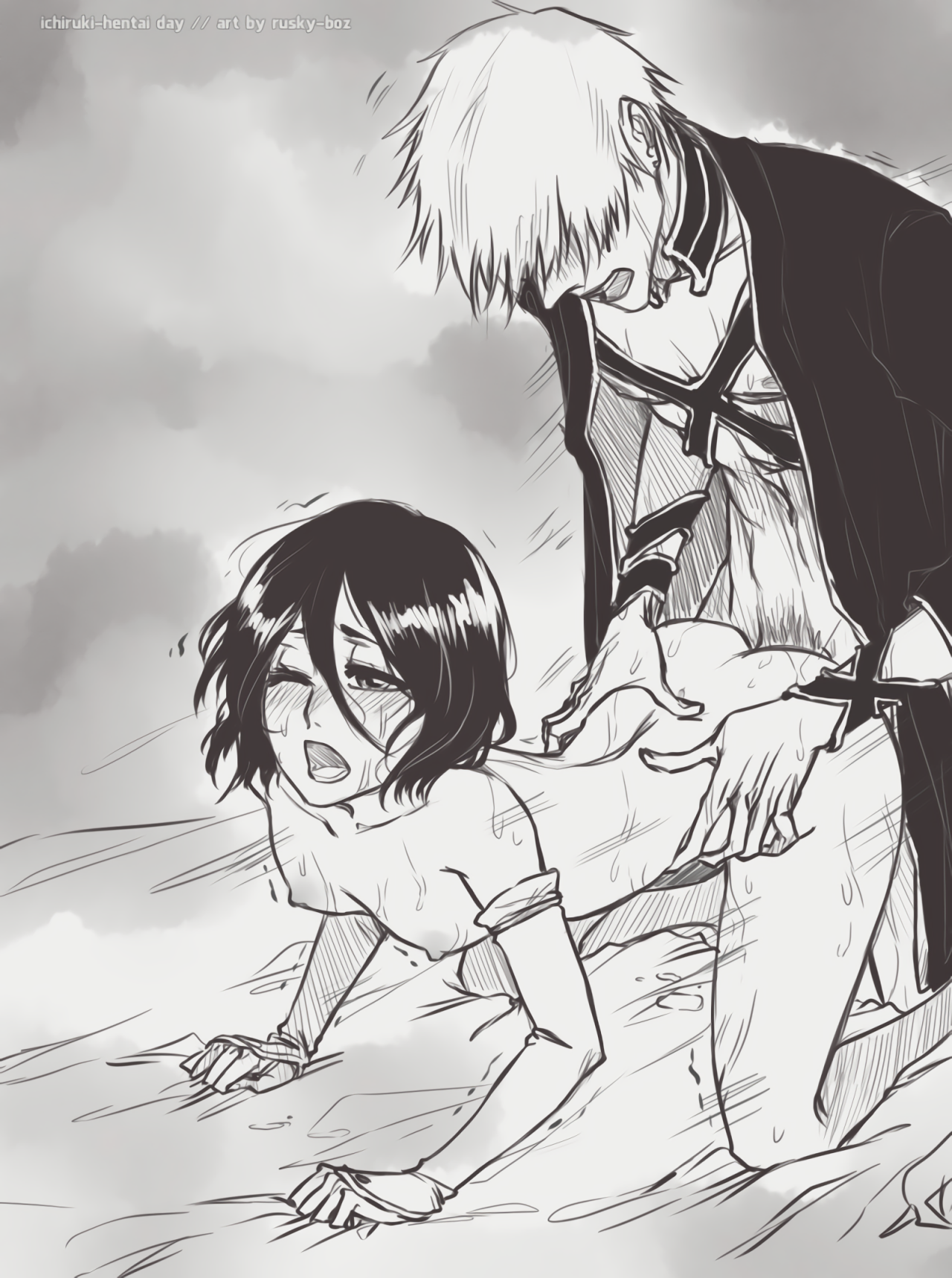 1boy, 1girls, bleach, doggy style, female, ichigo kurosaki, kuchiki rukia, male, nude