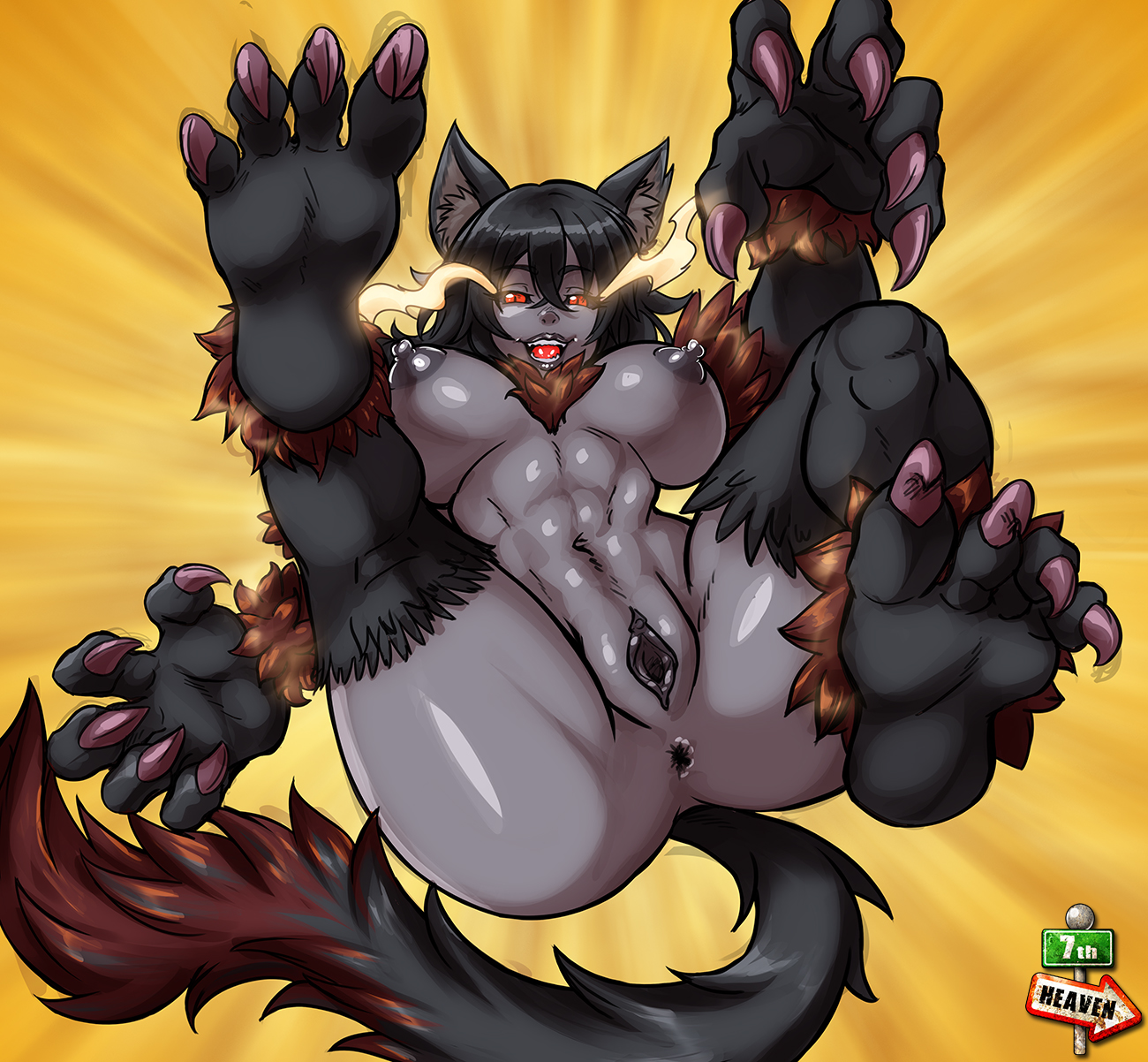 1girls, 2020, 4 toes, 5 fingers, 7th-heaven, anus, areolae, black hair, black sclera, breasts, chest fur, claws, female, female only, fur, furry arms, furry legs, grey body, hellhound, hellhound (monster girl encyclopedia), looking at viewer, monster girl, monster girl encyclopedia, nipples, open mouth, pussy, red eyes, slit pupils, smiling, smiling at viewer, solo, tail, thick thighs, wolf ears, wolf girl