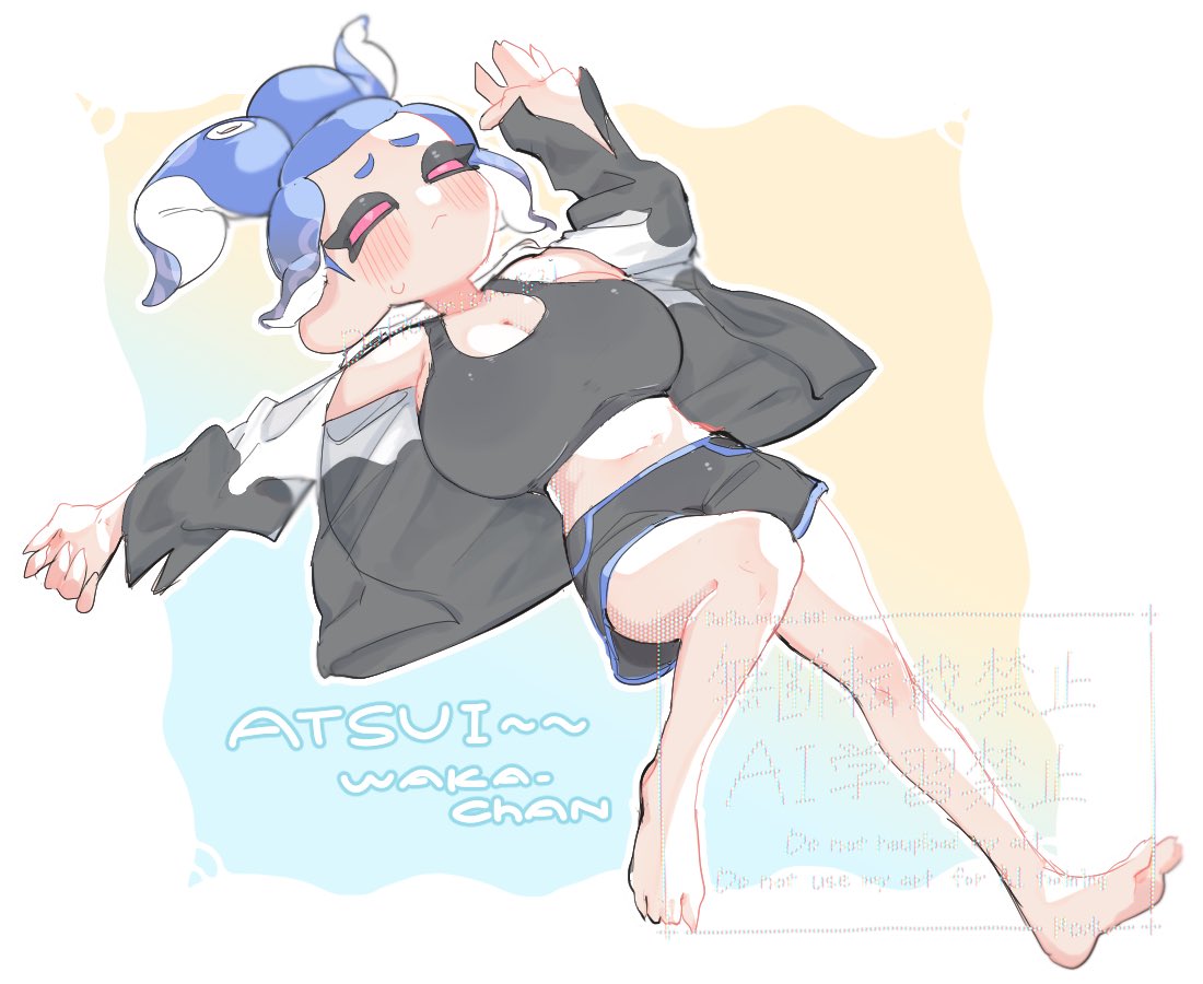 big breasts, breasts, clothed, clothed female, digital media (artwork), doro mizu 831, female, laying down, laying on back, nintendo, octoling, octoling girl, splatoon, splatoon (series), splatoon 3, splatoon oc, twitter link, waka-chan (doro mizu 831)