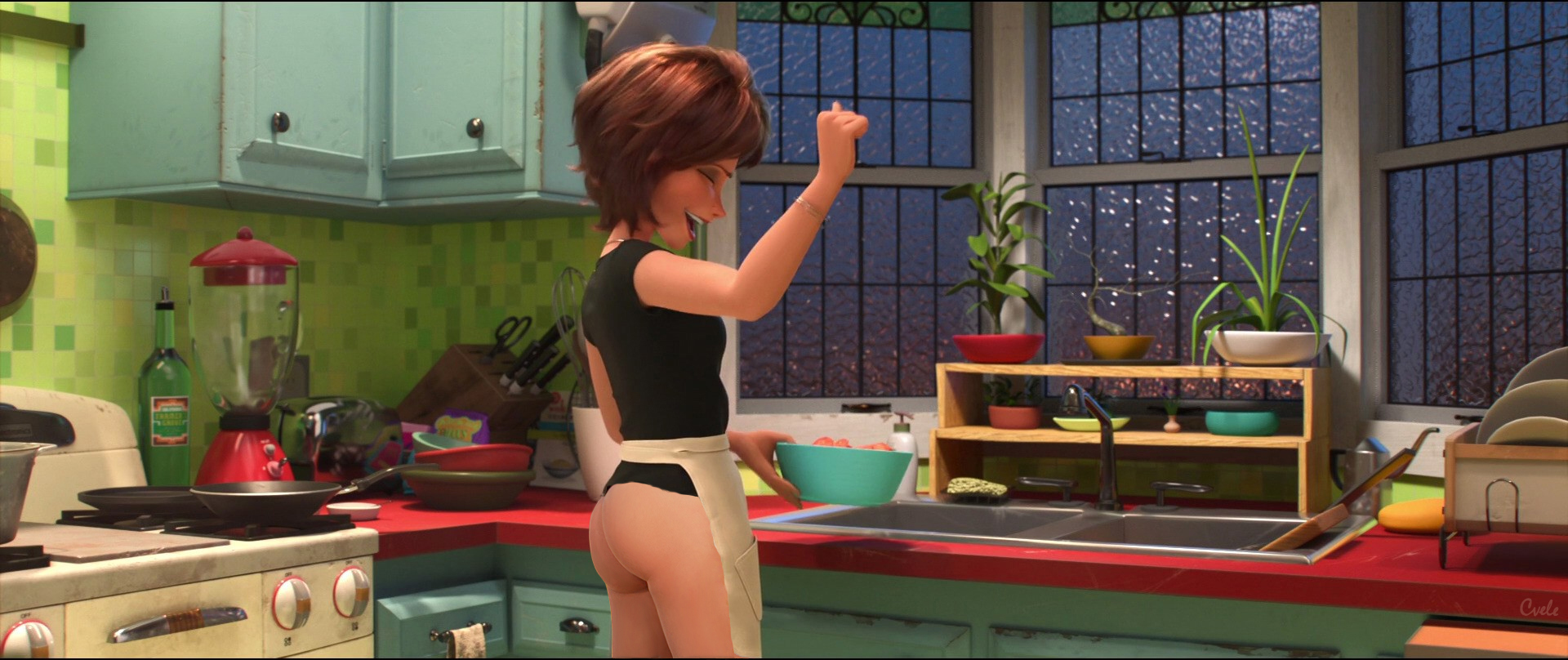 1girls, 3d, accurate art style, apron, ass, big hero 6, brown hair, cass hamada, cvele (artist), disney, edit, female, female only, kitchen, marvel, marvel comics, milf, short hair, solo, standing