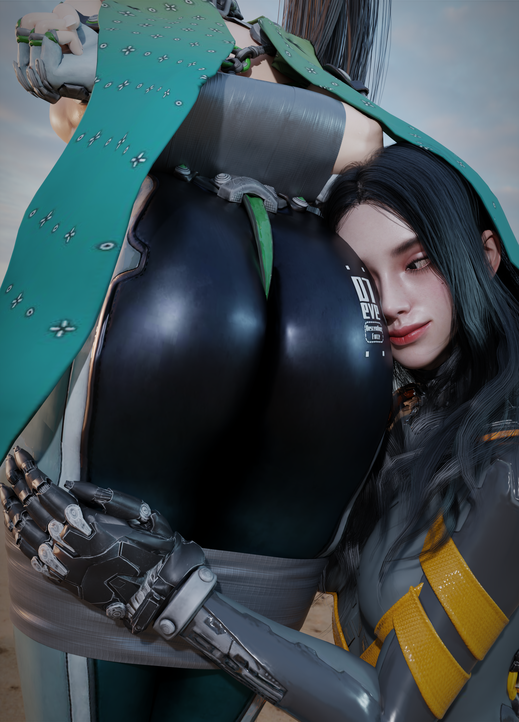 2girls, 3d, ass, ass focus, blender, bondage, bound, brown hair, butt focus, eve (stellar blade), female, head on ass, hug, stellar blade, tachy (stellar blade), tape bondage, theblendertaper