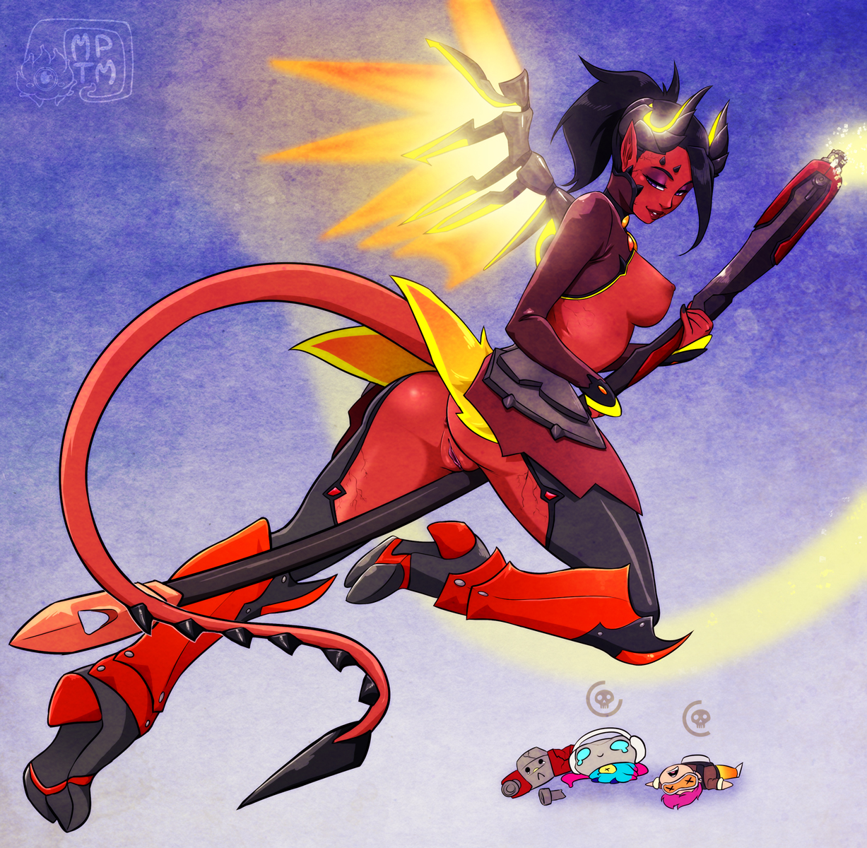 alternate costume, anus, areola, ass, big breasts, black hair, breasts, corruption, demon, demon girl, devil, devil mercy, female, full length, horns, large breasts, mercy, monster girl, my pet tentacle monster, nipples, overwatch, pussy, red skin, tail, video games, wings