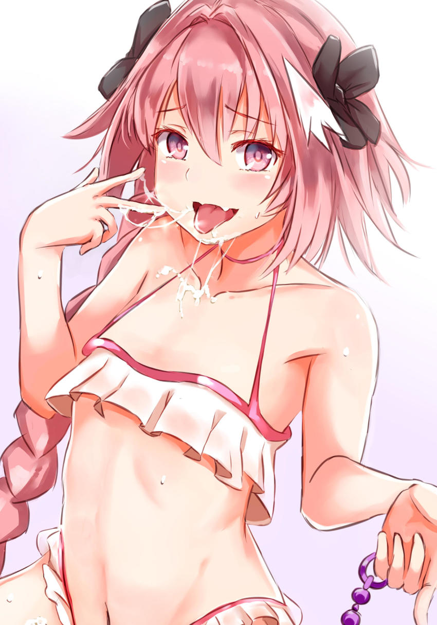 1boy, astolfo (fate), bikini, cum in mouth, cum on face, cute, femboy, feminine male, male, otoko no ko, sexy, tongue, tongue out, yeyebirdie