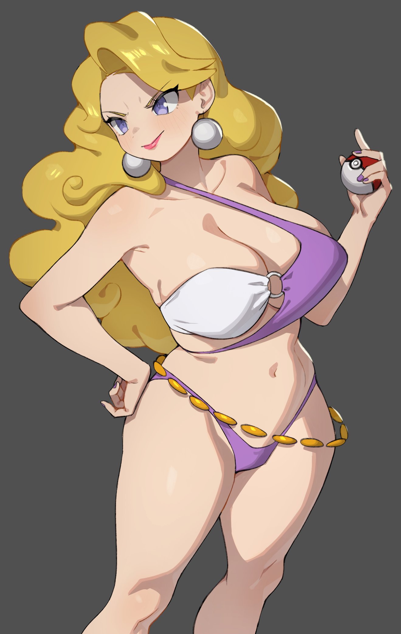 1girls, beauty (pokemon frlg), beauty (pokemon), big breasts, bikini, blonde hair, earrings, female, female only, flowerpigeon73, game freak, grey background, hand on hip, hi res, light blush, lipstick, long hair, mature female, nail polish, nintendo, npc trainer, pink lipstick, pokeball, pokemon, pokemon frlg, pokemon rgby, purple eyes, purple nail polish, purple nails, simple background, solo, thick thighs
