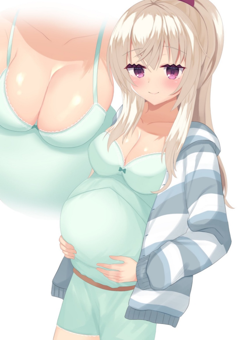 blush bow bra breasts cleavage closed_mouth collarbone eyebrows_visible_through_hair female hood hood_down hoodie long_hair ponytail purple_eyes scrunchie smile solo striped underwear