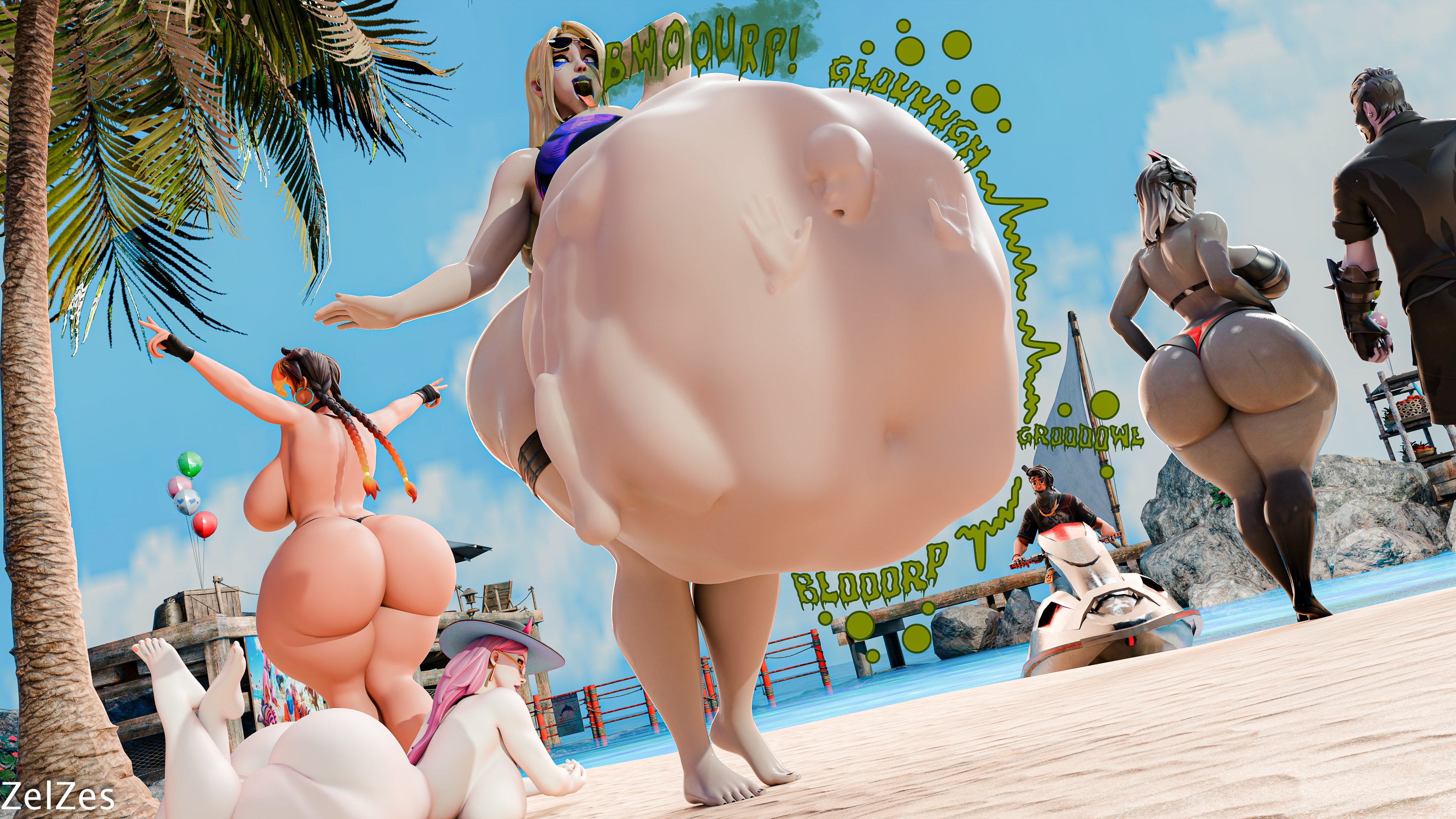 2boys, 3d (artwork), 4girls, arachne (fortnite), ass, beach, belly bulge, big ass, big belly, big boobs, breasts, cinder (fortnite), digestion, f/m, fatal vore, female, female pred, fortnite, fortnite: battle royale, harpy haze (fortnite), haze (fortnite), huge ass, male, male prey, mass vore, pleasured face, prey bulge, prey outline, prey shaped bulge, raz (fortnite), same size vore, sanctum (fortnite), serenade (fortnite), stomach bulge, vore, vore belly, weight gain, zelzes