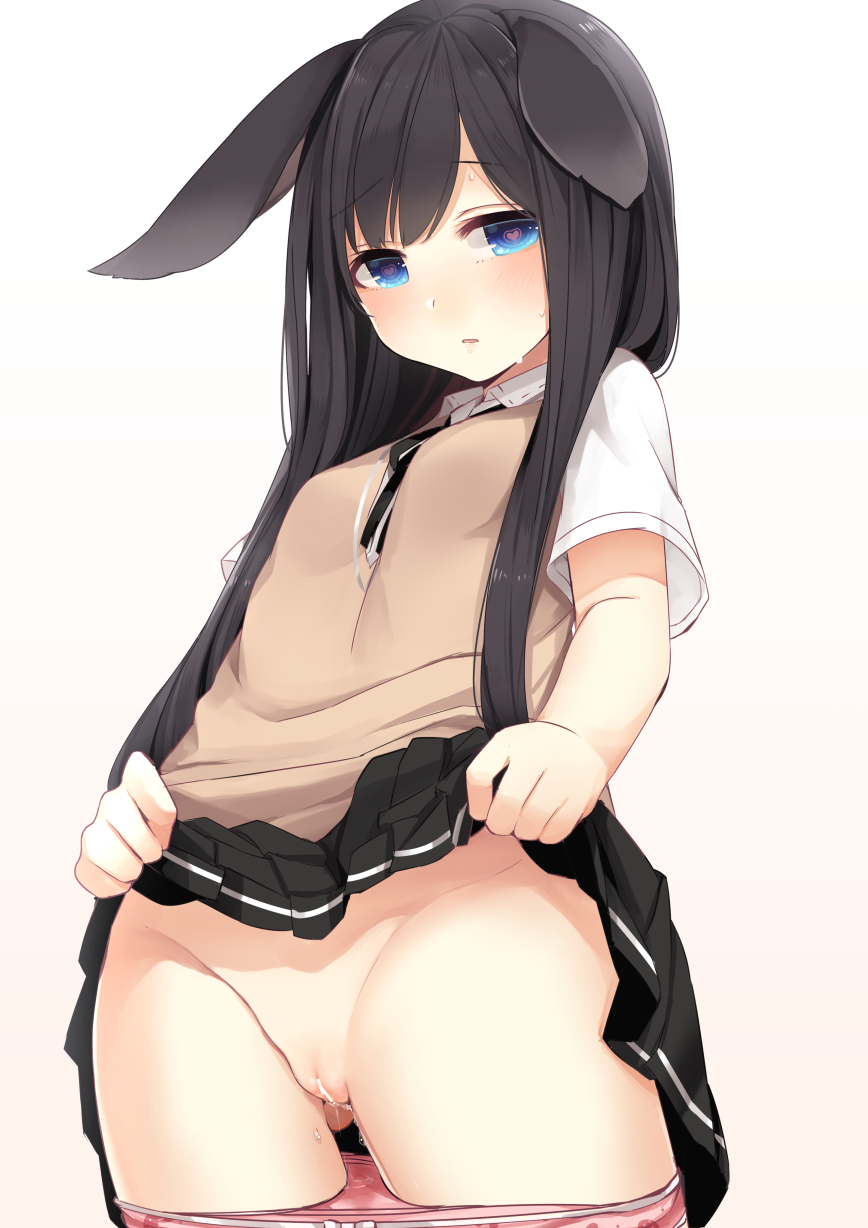 :o animal_ears ao_no_neko ass_visible_through_thighs bar_censor black_skirt blue_eyes blush cat_ears censored contrapposto ears_down eyebrows eyebrows_visible_through_hair female groin heart heart-shaped_pupils highres lifted_by_self long_hair looking_at_viewer original panties panty_pull parted_lips pink_panties pleated_skirt pussy pussy_juice shirt short_sleeves skirt skirt_lift solo standing sweatdrop symbol-shaped_pupils underwear white_shirt