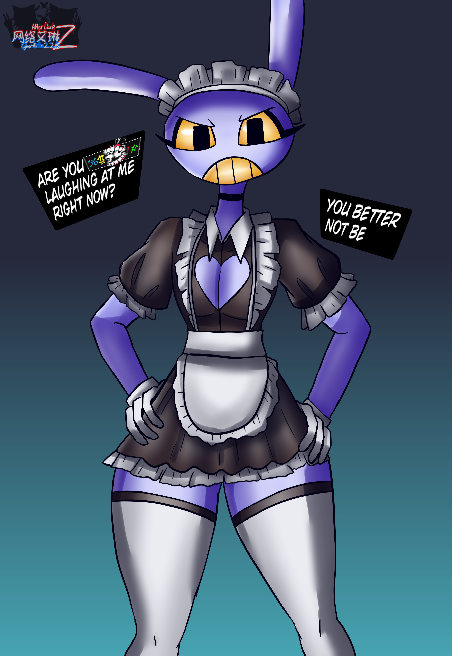 1boy, 2025, airiin220, choker, cyberairiin (airiin220), english text, femboy, furry, furry only, glitch productions, hips, jax (the amazing digital circus), maid, maid jax (the amazing digital circus), maid uniform, male, male only, rabbit, rabbit ears, stockings, text, the amazing digital circus, thick thighs