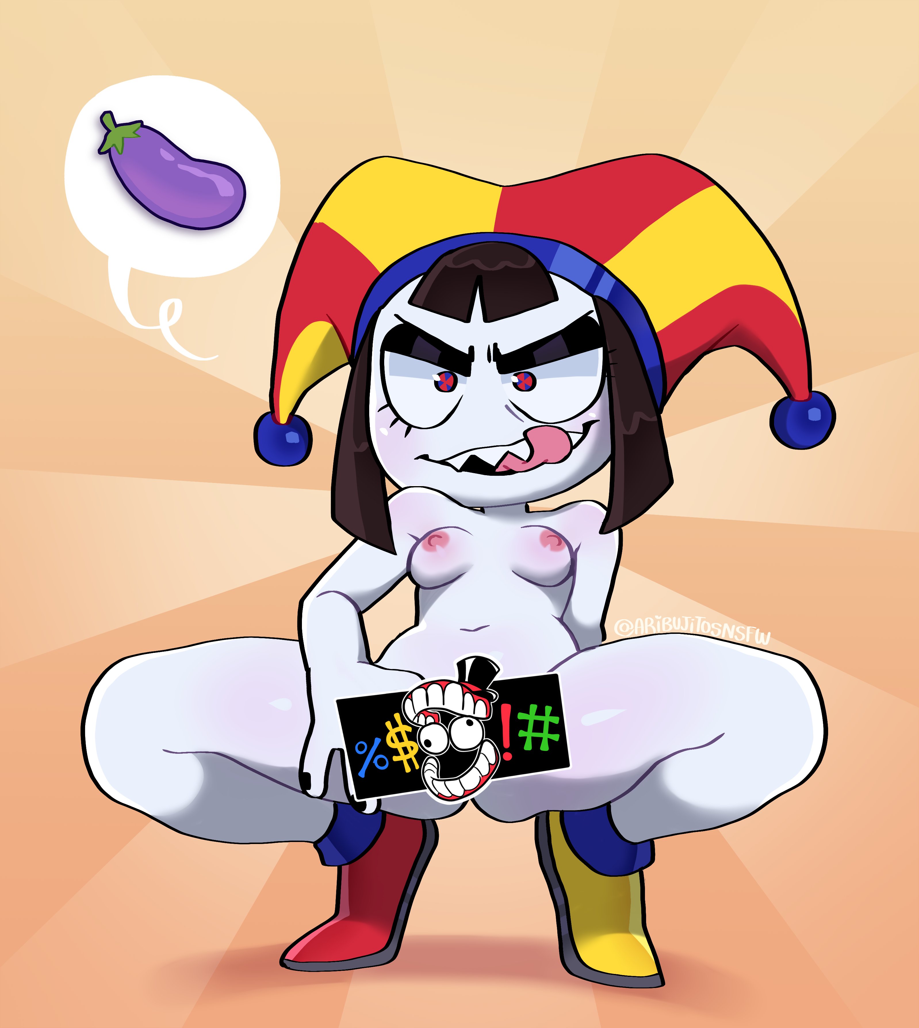 1girls, 2025, areolae, aribujitosnsfw, artist name, asking for sex, breasts, brown hair, censored, color, digital media (artwork), evil pomni (the amazing digital circus), female, female only, glitch productions, gooseworx, hair, hat, inviting, inviting to sex, jester, jester hat, looking at viewer, mostly nude, navel, nipples, nude, open mouth, pictographics, pomni (the amazing digital circus), seductive, sharp teeth, shoes, solo, speech bubble, spread legs, squatting, teeth, text, the amazing digital circus, tongue, tongue out, youtube