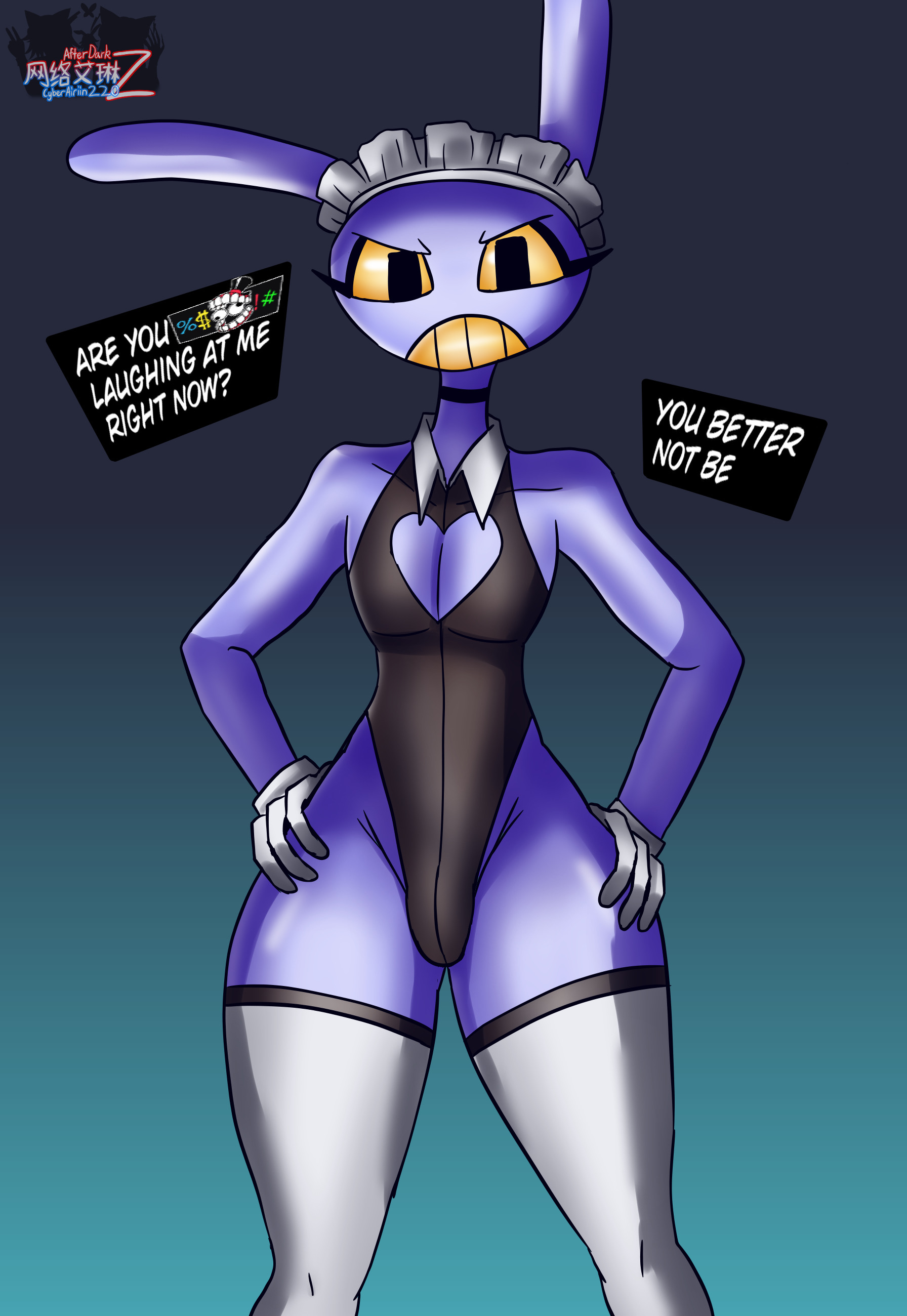 1boy, 2025, airiin220, bulge, bulge through clothing, bunnysuit, choker, cyberairiin (airiin220), english text, femboy, furry, furry only, glitch productions, hips, jax (the amazing digital circus), leotard, maid, maid jax (the amazing digital circus), maid uniform, male, male only, rabbit, rabbit ears, stockings, text, the amazing digital circus, thick thighs