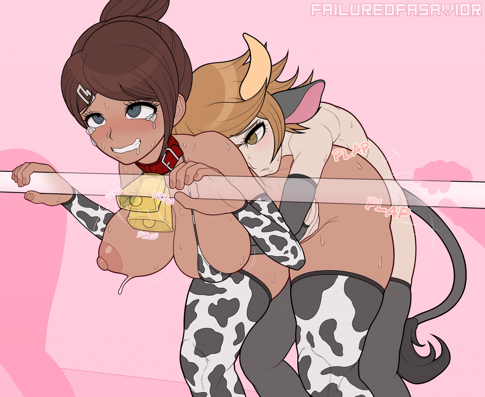 accessory, ahoge, asahina aoi, big breasts, blush, blushing, breasts, bulldog position, collar, cow bikini, cow print, cowbell, cowbell collar, cucked by femboy, cuckold, danganronpa, danganronpa: trigger happy havoc, failureofasavior, female, femboy, femboy on female, femboy penetrating, fujisaki chihiro, grabbing, grabbing from behind, grabbing object, grabbing partner, hairpin, looking pleasured, looking up, male, mature, milf, mommy, one breast out, sex, sex from behind, short hair, short-haired female, short-haired male, simple background, small dom big sub, sound effects, straight, sweating, tagme, tail, tanned female, tears, tears in eyes, thighhighs, tomboy, watermark