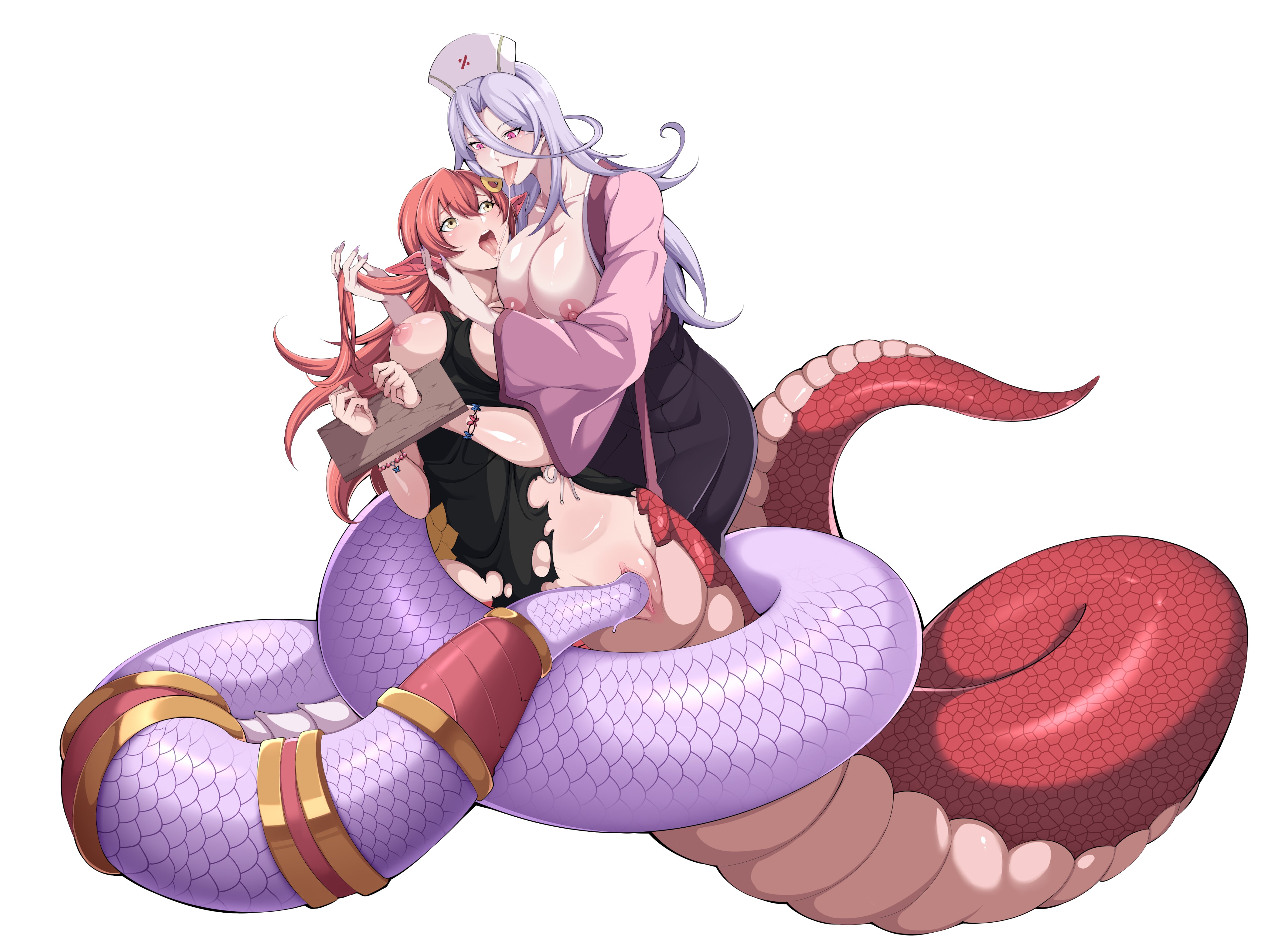 2023, 2girls, absurd res, areolae, breasts, coils, commission, davyonmartz, eye contact, female, female only, female/female, lamia, long hair, miia (monster musume), monster girl, monster girl doctor, monster musume no iru nichijou, monster musume no oisha-san, naga, nipples, open mouth, penetration, pink eyes, pointy ears, pussy, red hair, saliva string, saphentite neikes, silver hair, slit pupils, snake, tail in pussy, tail sex, tongue, tongue out, torn clothes, vaginal penetration, white background, yellow eyes, yuri
