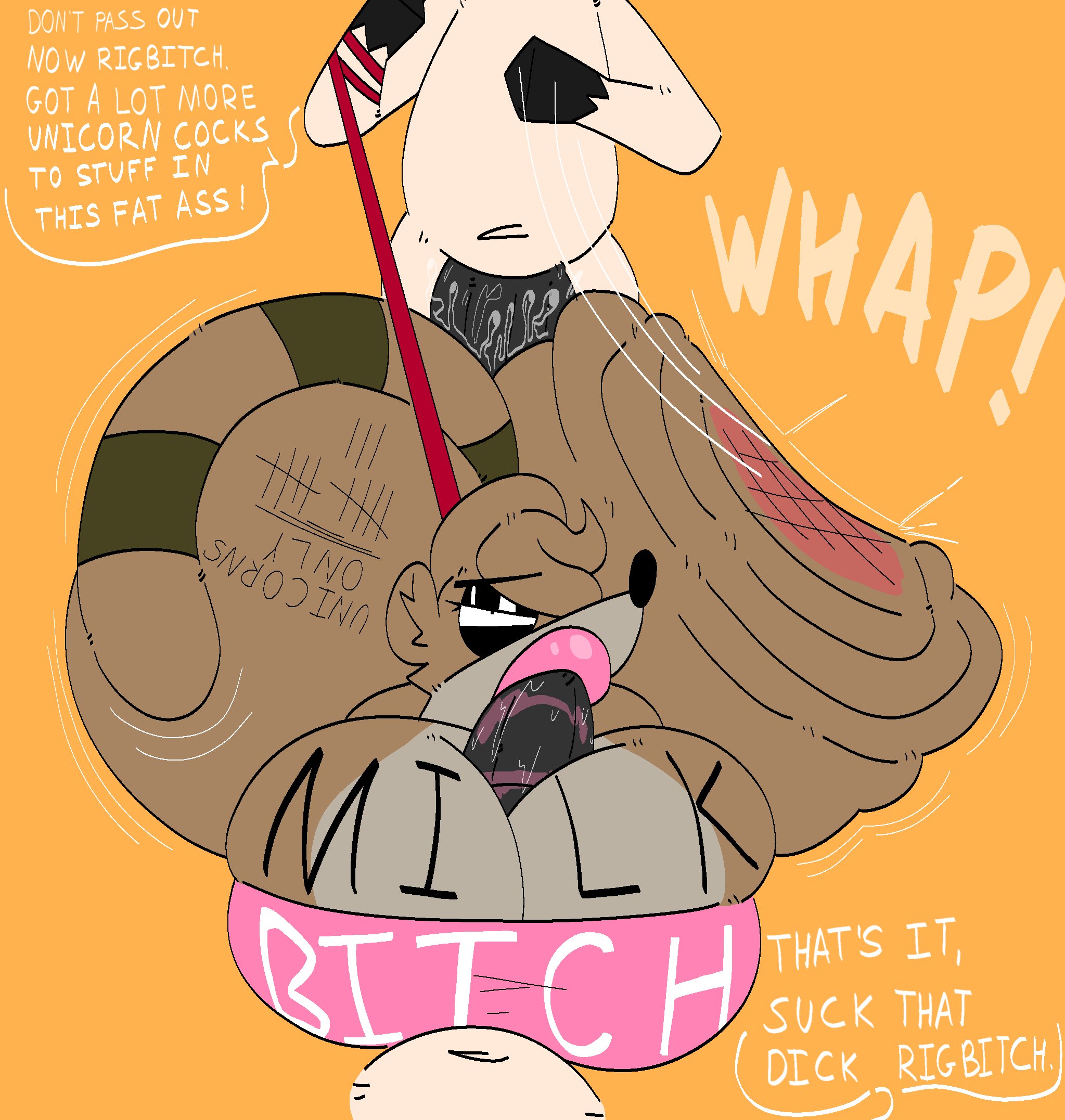 1futa, 2boys, anthro, ass, ass bigger than torso, ass built separately, ass slap, big breasts, big penis, blowjob, breasts, busty, cartoon network, cleavage, cleavage overflow, eyelashes, eyeliner, fellatio, furry, furry only, futanari, half-closed eyes, hoovedleader, hooves, huge ass, hyper ass, intersex, lipstick, male, male on futa, mascara, onomatopoeia, paizuri, paizuri fellatio, penis, raccoon, regular show, rigby (regular show), rippling ass, sissy, slapping butt, tally marks, text, threesome, two-tone fur, unicorn, unicorn (regular show), writing on body