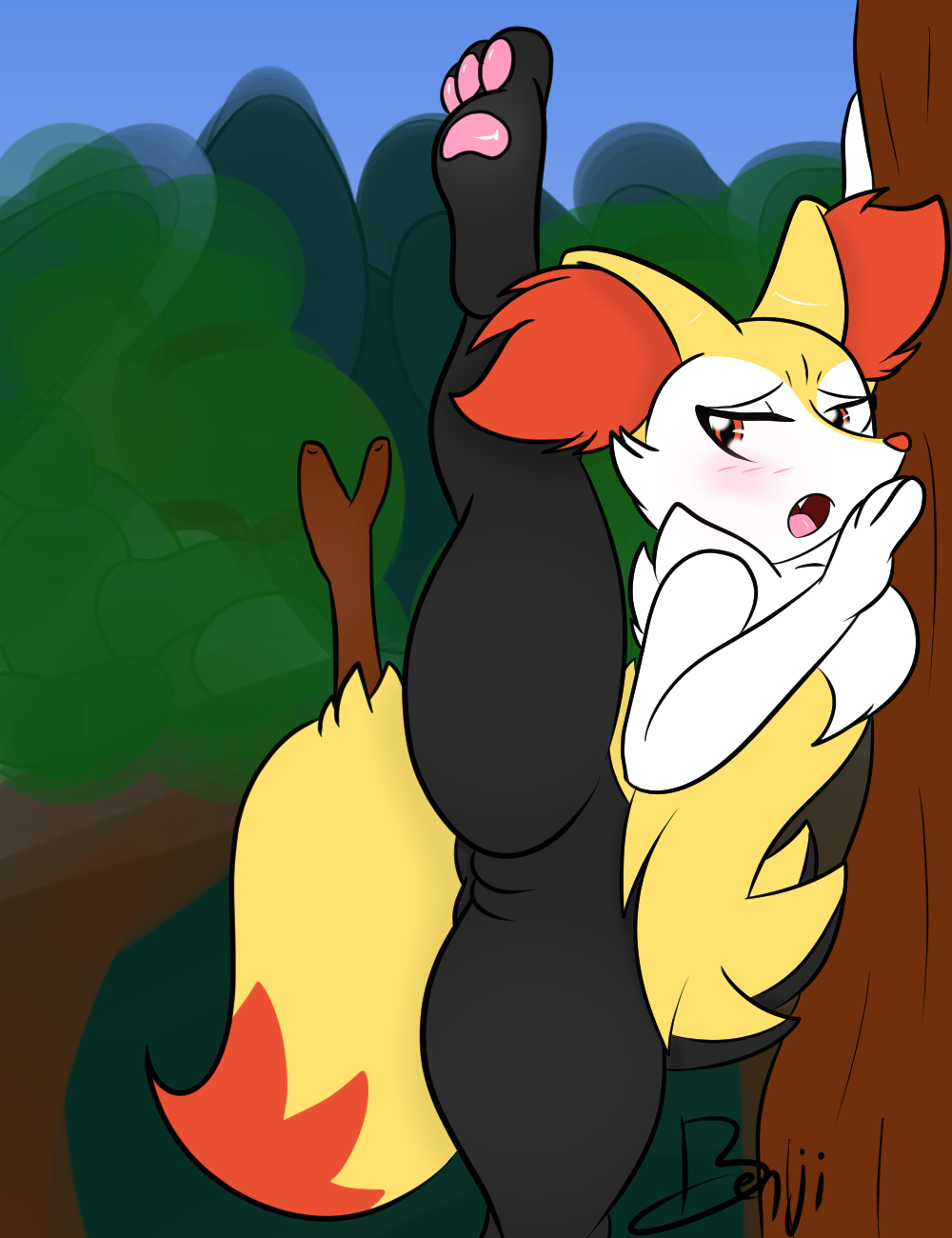 2016 benji-fox blush braixen canine day female flexible forest fox fur furry furry_only grin hi_res leg_glider_position mammal nintendo nude outside pokémon_(species) pokemon pokemon_(species) pussy raised_leg semi-anthro sex simple_background solo splits spread_legs spreading standing tail thick_thighs tree vertical_splits video_games