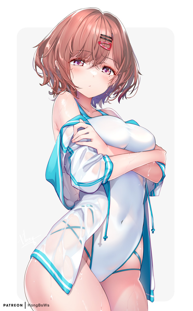 arms under breasts, bare legs, bare shoulders, bare thighs, belly button visible through clothing, big breasts, blush, breasts, brown hair, closed mouth, collarbone, crossed arms, female, hairclip, highleg swimsuit, higuchi madoka, hong (white spider), idolmaster, idolmaster shiny colors, jacket, mole, mole under eye, one-piece swimsuit, purple eyes, see-through jacket, shiny skin, short hair, swimsuit, thighs, wet body, wet jacket, white one-piece swimsuit