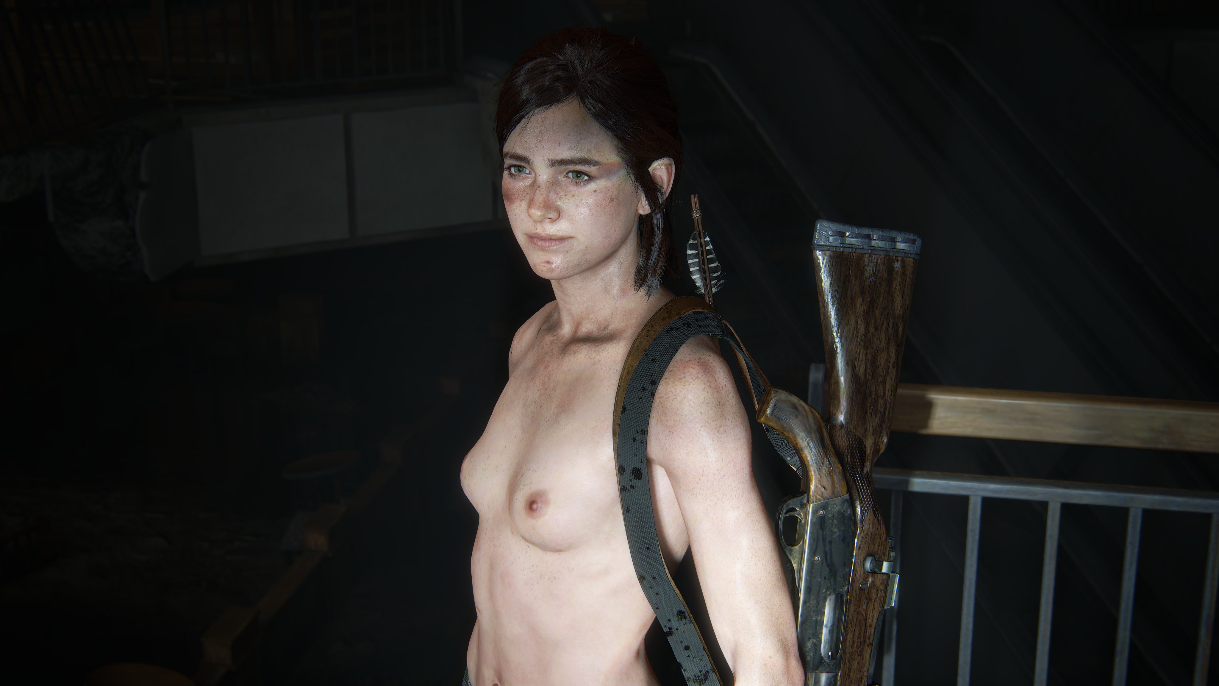 1girls, 3d, abs, accurate art style, athletic female, breasts, brown hair, casual, clothing, detailed background, ellie (the last of us), ellie williams, female, female only, firearm, gun, hair, human, jeans, nipples, nude filter, nude mod, official style, pale skin, pants, pants only, realistic, rifle, screencap, shirtless, skinny, slim, small breasts, smile, solo, standing, tattoo, the last of us, the last of us 2, tomboy, toned, toned female, topless, video game character, video games, vyet3d, weapon