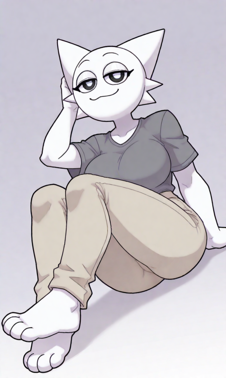 :3 ai_generated alternate_version_available feet hand_on_head incredibox_mod jeans looking_at_viewer paws pixai sfw sprunki t-shirt tagme wenda_(sprunki)