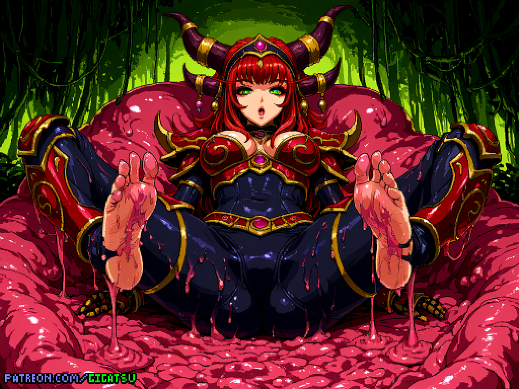 ai_generated alextraza armor armored_female barefoot blizzard_entertainment feet foot_fetish foot_focus gigatsu horns pixel_art slime slime_(substance) sole_female soles spread_legs toes world_of_warcraft